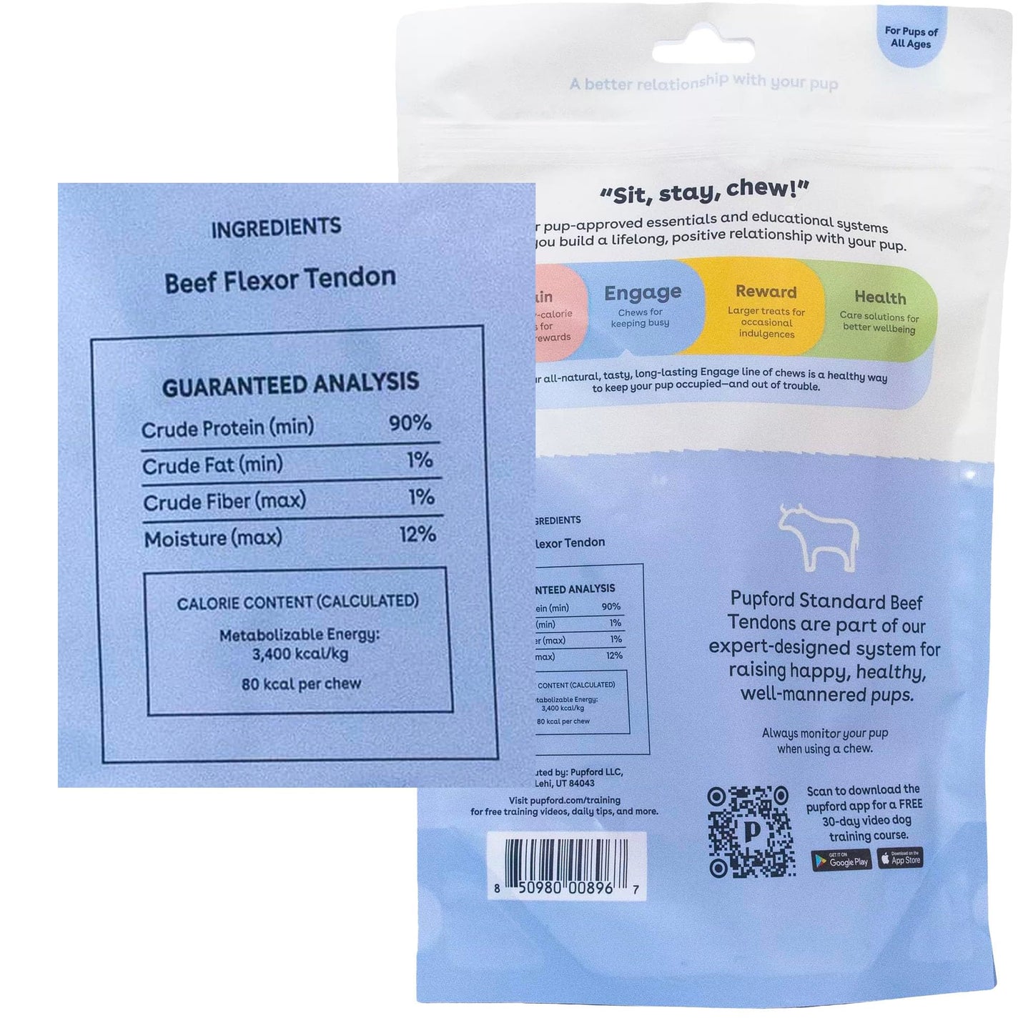 Pupford Standard Beef Tendon Chews for Dogs & Puppies, All-Natural Dog Chew with Glucosamine for Joint Health, Long-Lasting Toy, Great for Teething (10 Count)