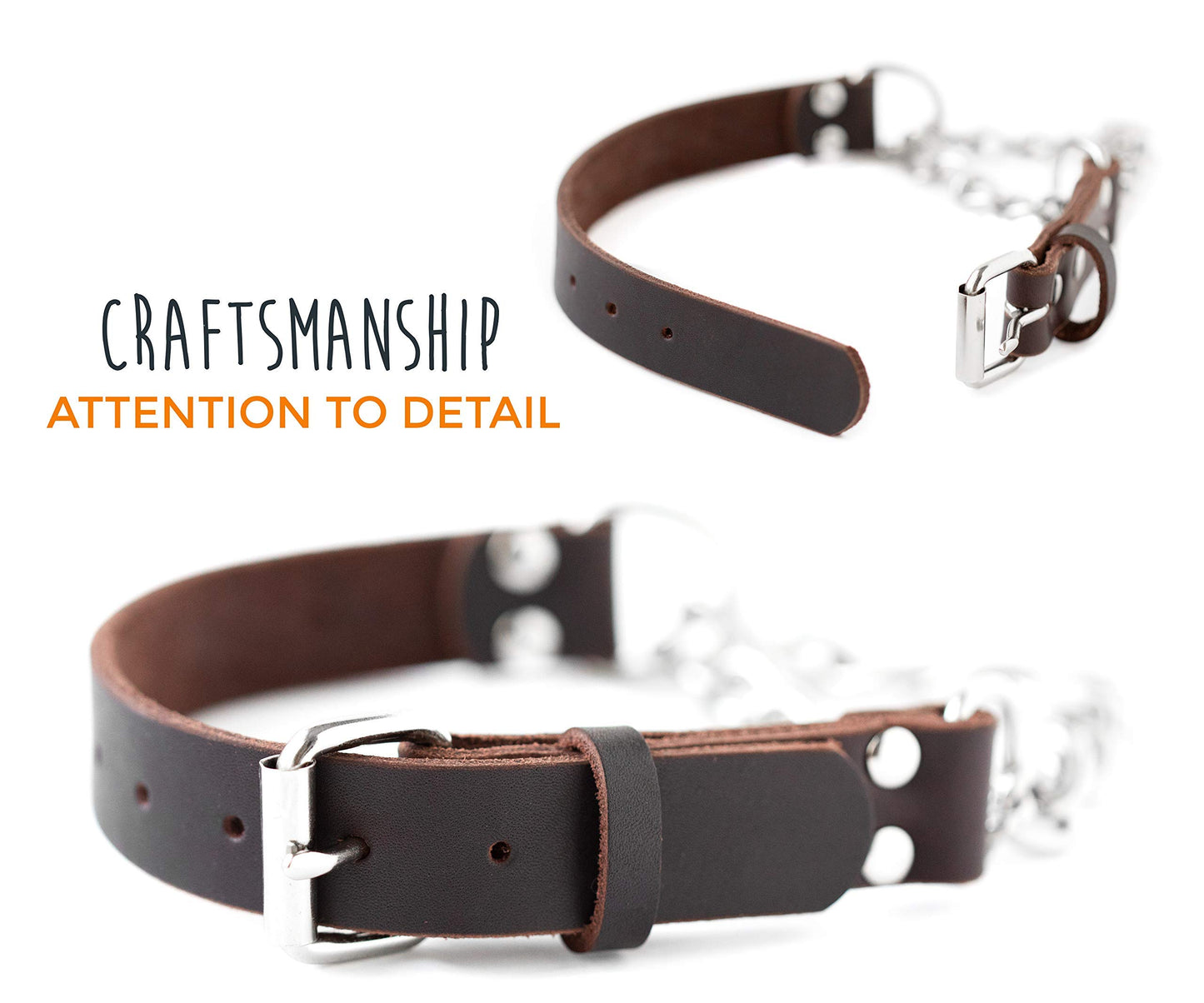 Mighty Paw Martingale Dog Collar - No Pull Design - Stainless Steel Chain - Limited Chain Cinch Training - Brown Leather Martingale Training Collar - Small Size