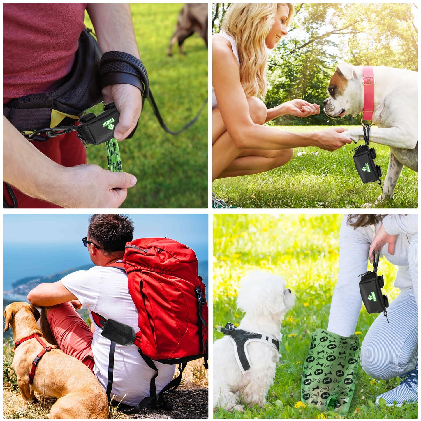 VIWIK Dog Poop Bag Holder for Leash, Waste Bag Dispenser with Pet Trash Bags and Carabiner Clip, Soft Portable Doggie Poop Bag Dispenser with Hand Free Holder Carrier, Gifts for Dog Lovers Black