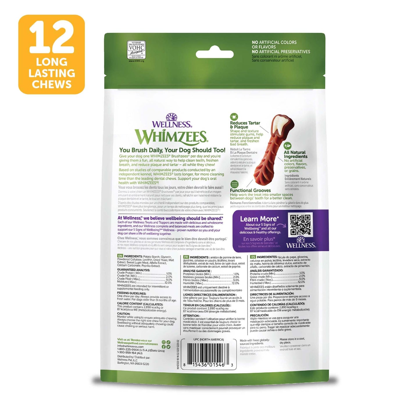 Wellness WHIMZEES Brushzees Dog Dental Treats, Natural Chews, Medium Size Stick, (12 Count)