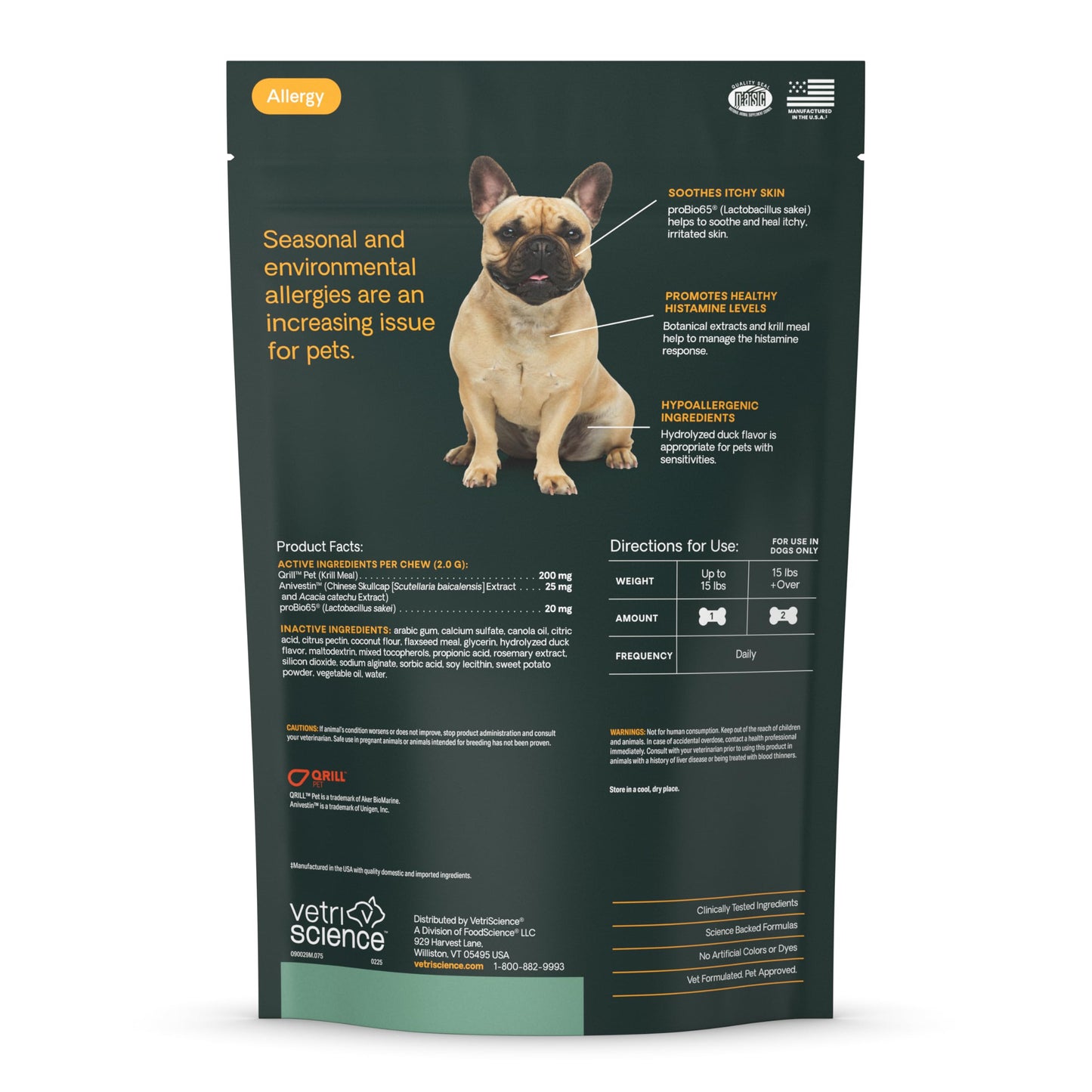 VetriScience Allergy & Itch Support Chews, Skin and Coat Supplement for Dogs, Allergy Chews for Itching, Scratching, and Licking, Support Skin and Immune Health, Duck, 75 Count