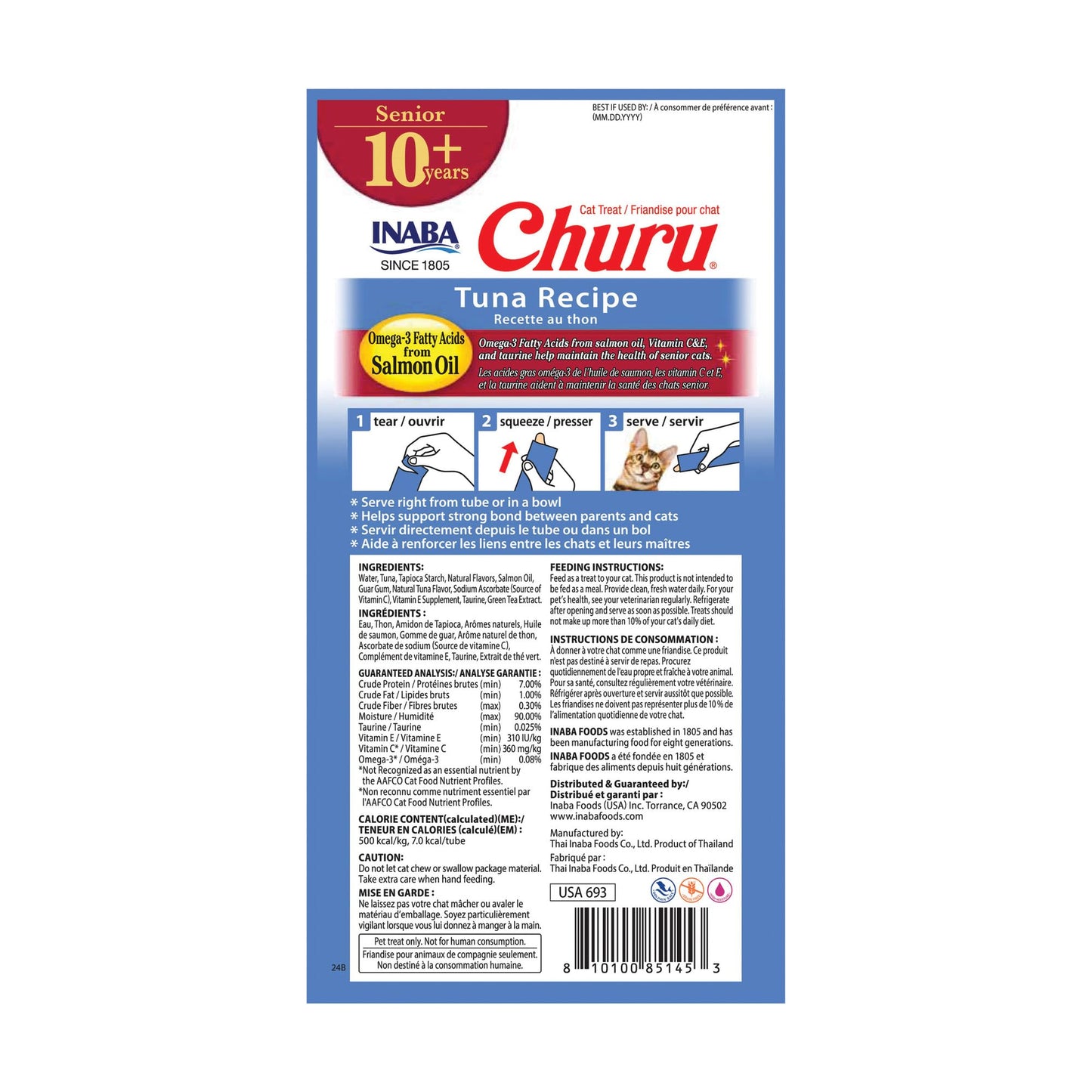 INABA Churu for Senior 10+, Creamy Lickable Cat Treats with Taurine, Vitamin E & C, 0.5 Ounces Each, 24 Tubes (4 per Pack), Tuna Recipe
