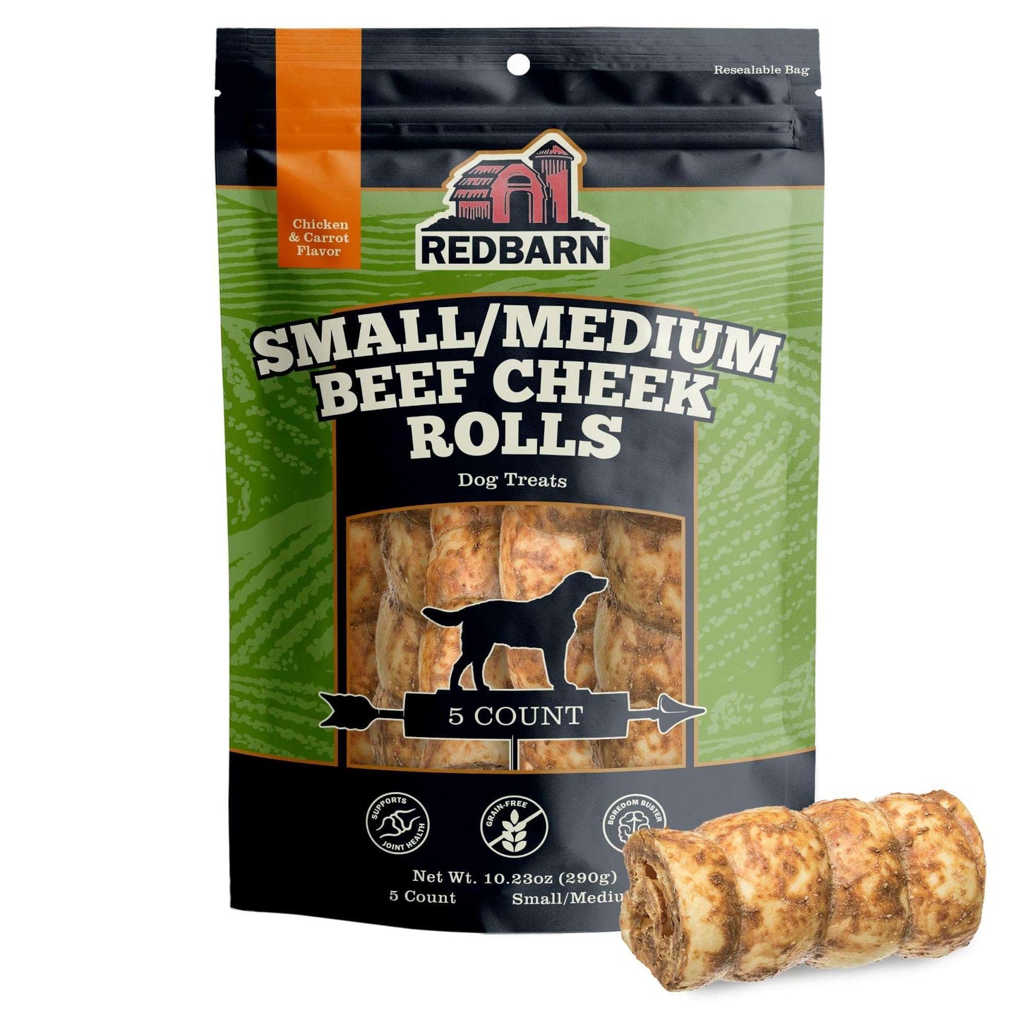 Redbarn Pet Products All-Natural Small/Medium Beef Cheek Rolls for Dogs, Chicken & Carrot Glazed - Single Ingredient Grain-Free Chew Treat Naturally Rich in Collagen - 5 Pack - Packaging May Vary