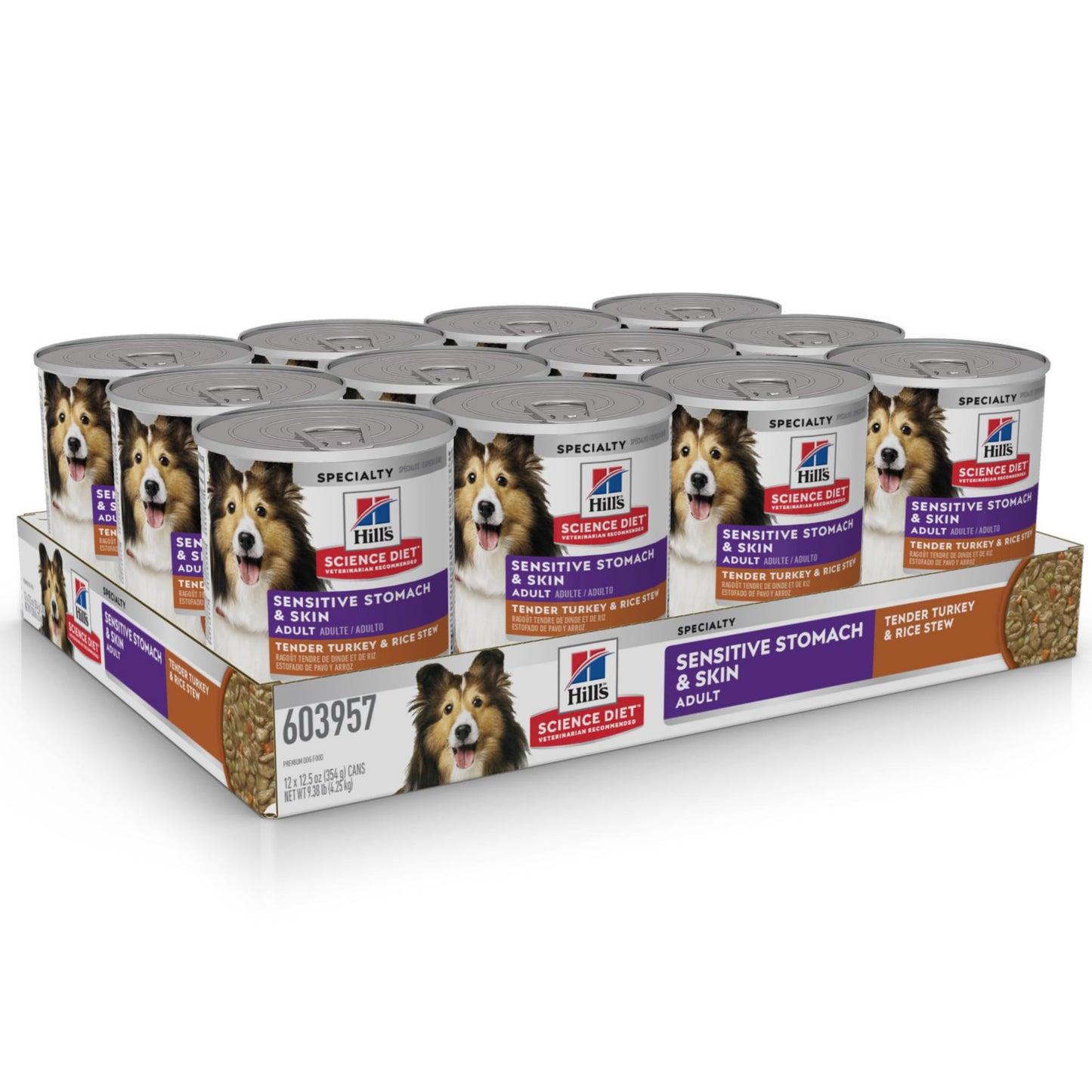 Hill's Science Diet Sensitive Stomach & Skin, Adult 1-6, Stomach & Skin Sensitivity support, Wet Dog Food, Turkey & Rice Stew, 12.5 oz Can, Case of 12