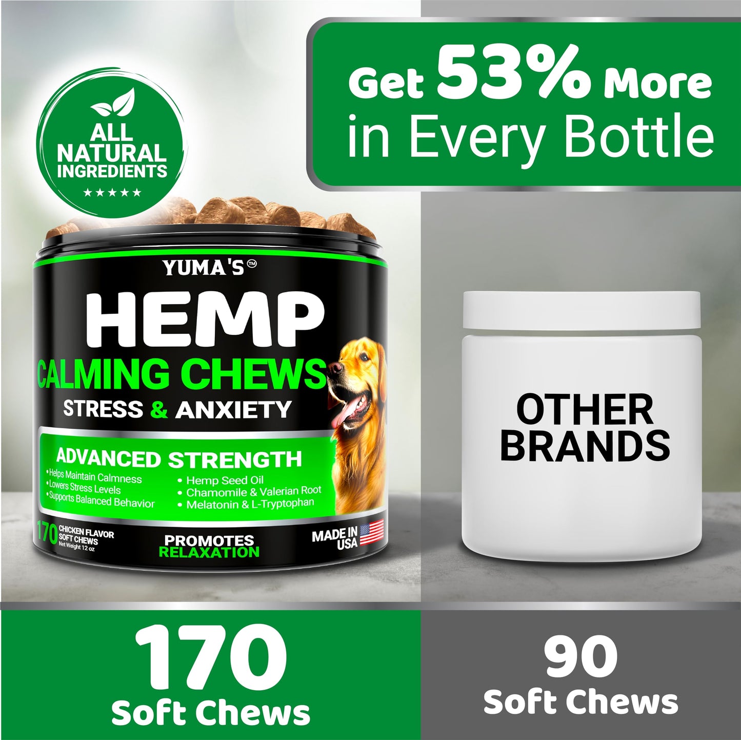 YUMA'S Hemp Calming Chews for Dogs - Advanced Dog Calming Chews - 170 Chews - Anxiety Relief Treats - Separation Aid, Barking, Stress Relief, Thunderstorms - Melatonin - Hemp Oil - Made in USA