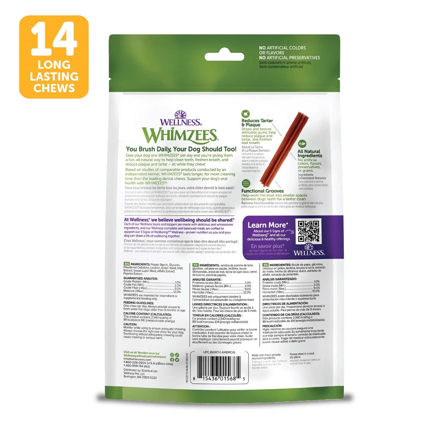 Whimzees Wellness Stix Dog Dental Treats, Natural Chews, Medium Size Stick, (14 Count)