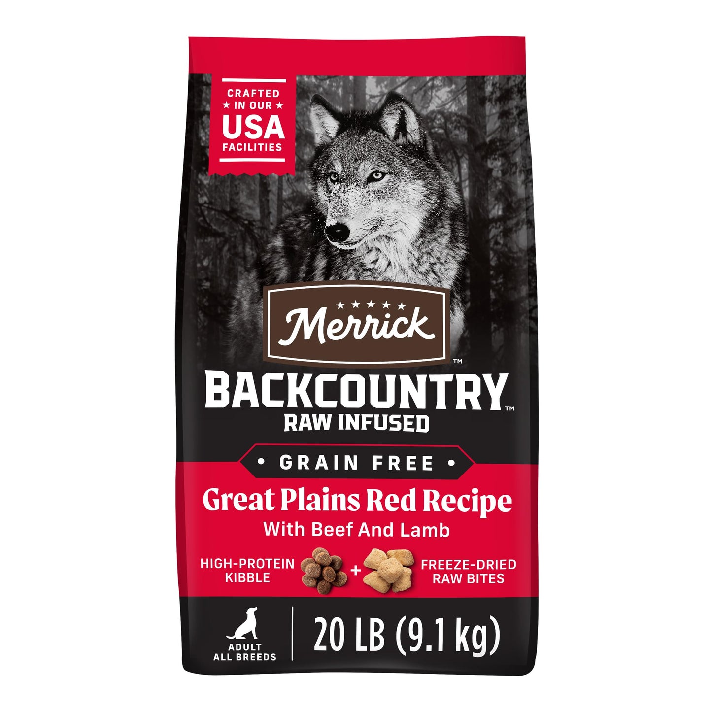 Merrick Backcountry Grain Free Dry Adult Dog Food Kibble With Freeze Dried Raw Pieces, Great Plains Red Recipe - 20.0 lb. Bag