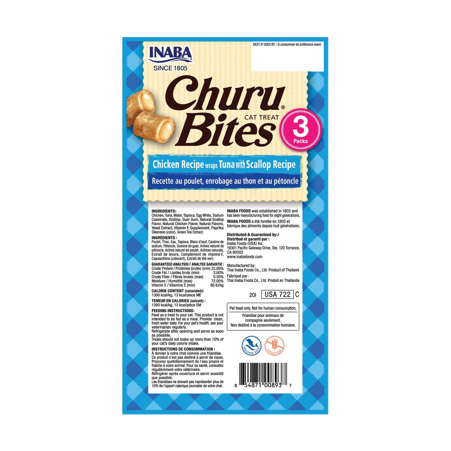 INABA Churu Bites for Cats, Soft/Chewy Baked Chicken Wrapped Churu Filled Cat Treats with Vitamin E, 0.35 Ounces per Tube, 18 Tubes Total (3 Tubes per Pack), Tuna with Scallop Recipe