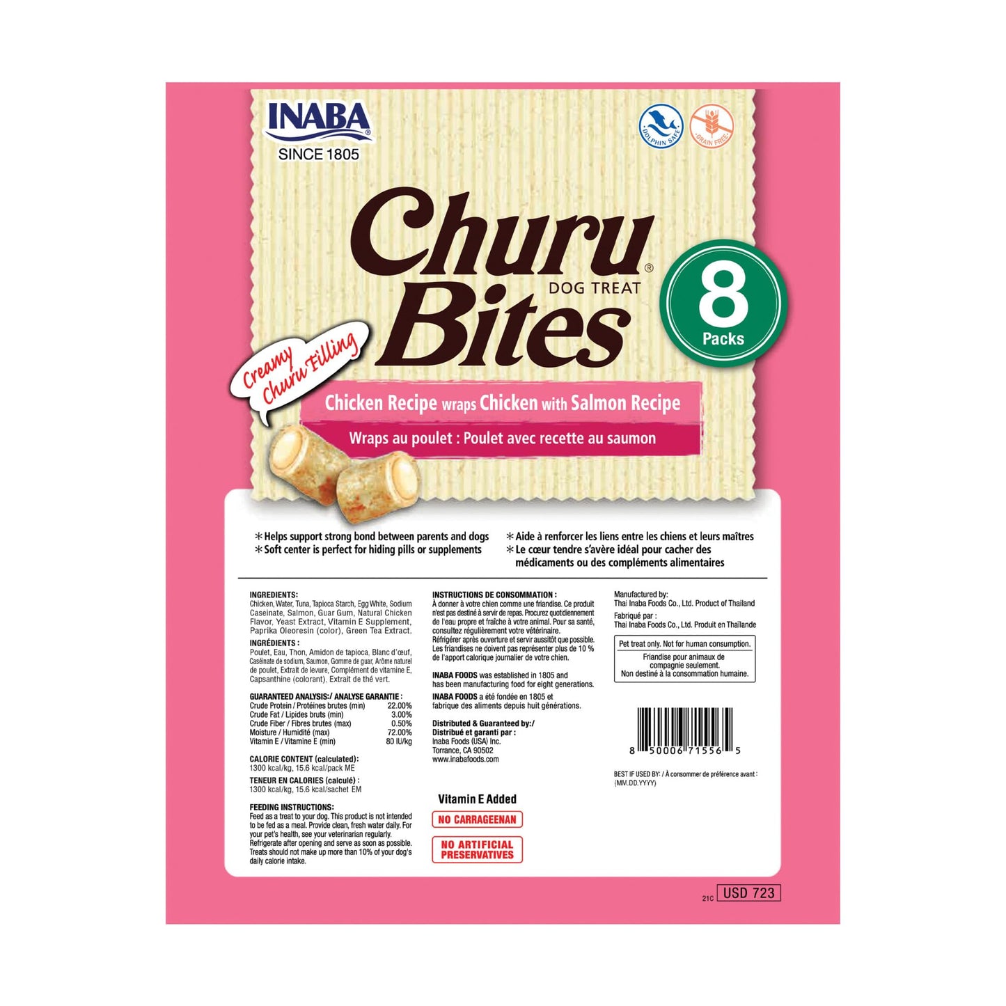 INABA Churu Bites for Dogs, Grain-Free, Soft/Chewy Baked Chicken Wrapped Churu Filled Dog Treats, 0.42 Ounces Each Tube | 48 Tubes Total (8 Tubes per Pack), Chicken with Salmon Recipe
