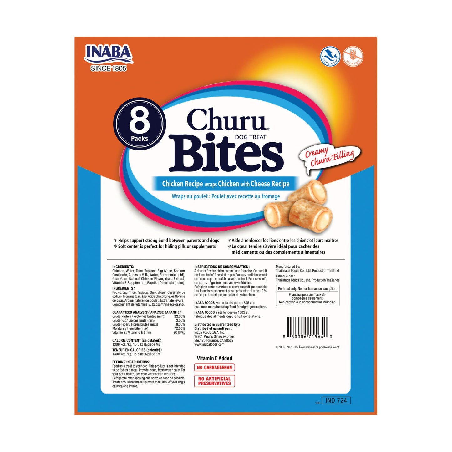 INABA Churu Bites for Dogs, Soft & Chewy Dog Treats, 0.42 Ounces Each Tube, 64 Tubes Total (8 Tubes per Pack), Chicken with Cheese Recipe