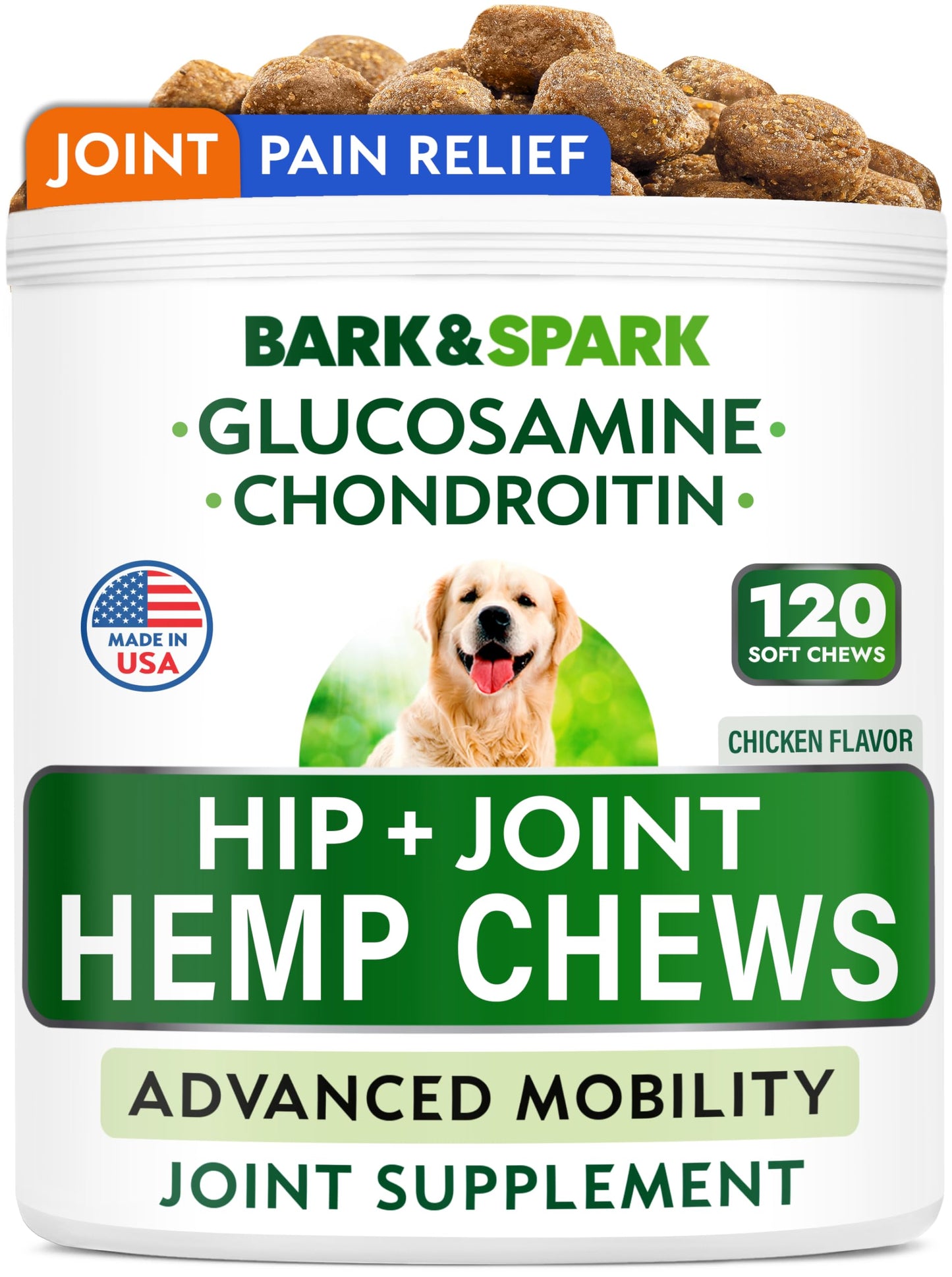 Bark&Spark Advanced Hemp Chews for Dog Joint Pain Relief - Glucosamine Chondroitin Hemp Treats Hip Joint Health - Joint Supplement Large Breed & Small - Hemp Treats Joints Old Senior Dog (120Ct)