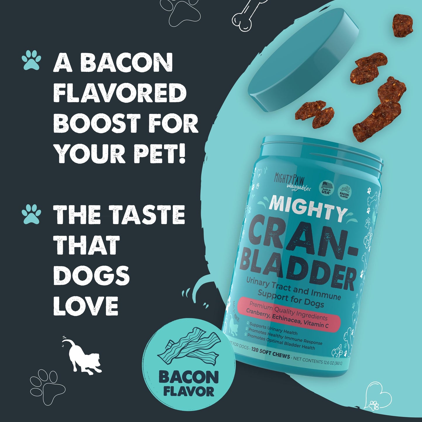 Mighty Paw Waggables Cran-Bladder (Made in The USA) | Vet Formulated Cranberry Supplement for Dogs – Cranberry Chews for Dogs, Urinary Tract & Bladder Support, Bacon Flavored, 120 Soft Chews