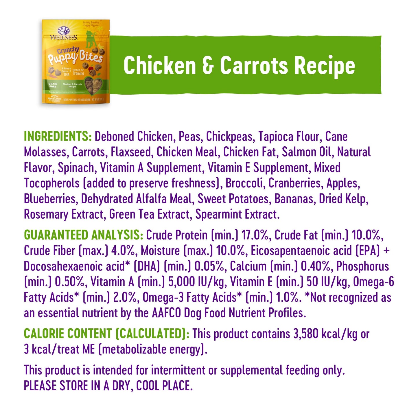 Wellness Puppy Treats, Natural, Training Treat, Grain Free, Crunchy Chicken & Carrot (6 Ounce Bag) (Pack of 2)