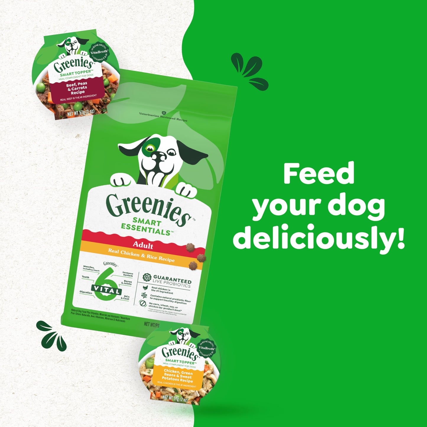 Greenies Smart Topper High Protein Wet Mix-in for Dogs, Chicken, Green Beans, and Sweet Potatoes Recipe & Beef, Peas, and Carrots Recipe Variety Pack, 8 Trays of 2oz.