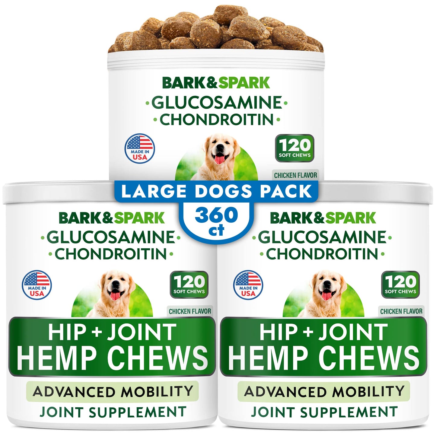 Hemp + Glucosamine Treats for Large Dogs - Natural Joint Pain Relief - Hip & Joint Supplement w/MSM + Chondroitin + Hemp Oil + Omega 3 - Joint Pain Relief - Made in USA - Chicken Flavor - 360 Chews