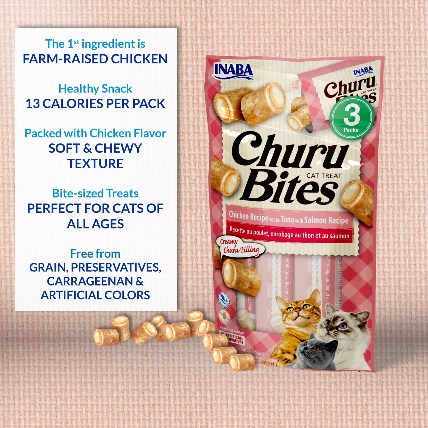 INABA Churu Bites for Cats, Soft/Chewy Baked Chicken Wrapped Churu Filled Cat Treats with Vitamin E, 0.35 Ounces per Tube, 18 Tubes Total (3 Tubes per Pack), Chicken Recipe