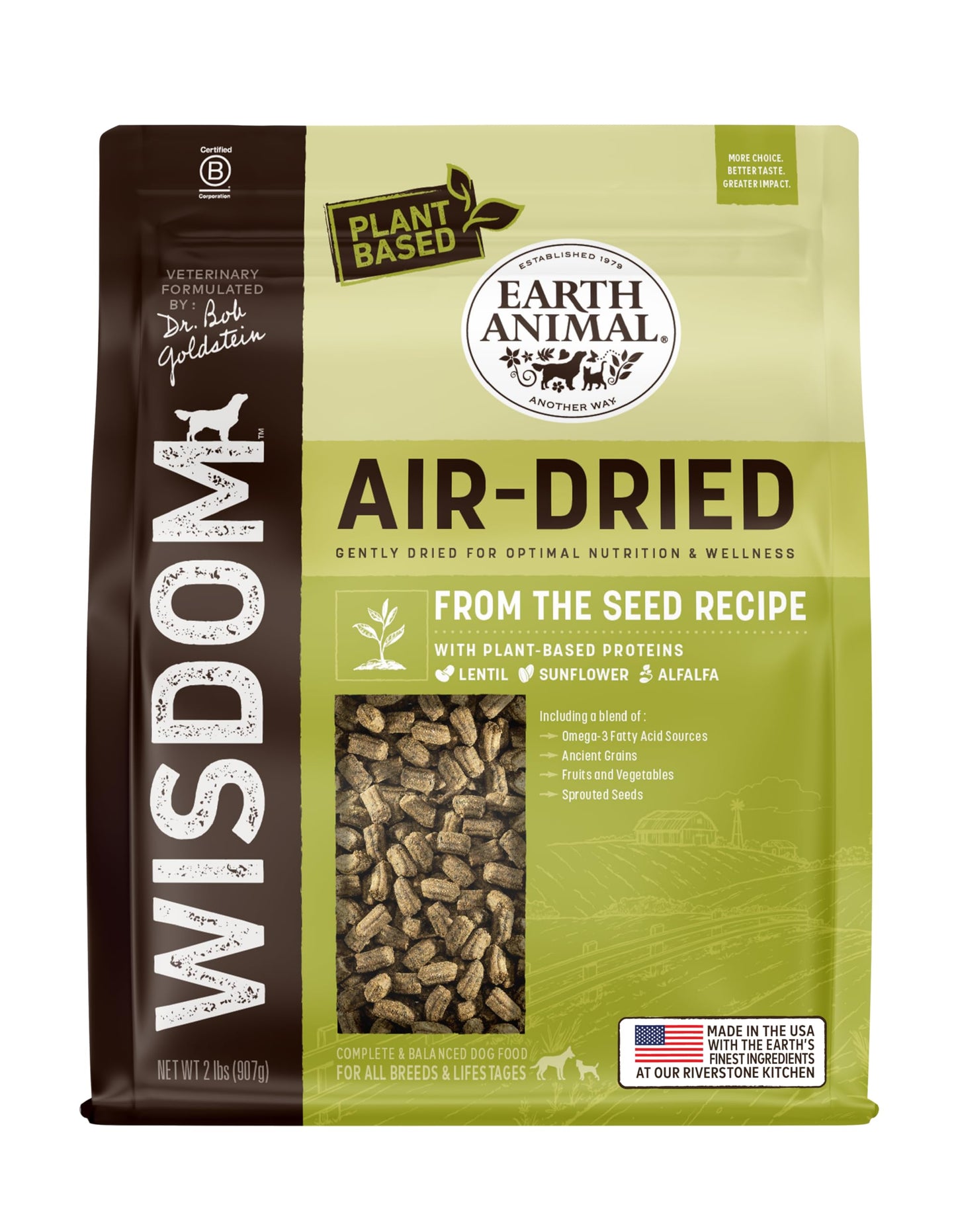 Earth Animal Wisdom Air Dried Dog Food | From The Seed Recipe Premium Natural Dog Food | Plant-Based | All Breeds & Ages | Made in The USA | 2 Pound Bag
