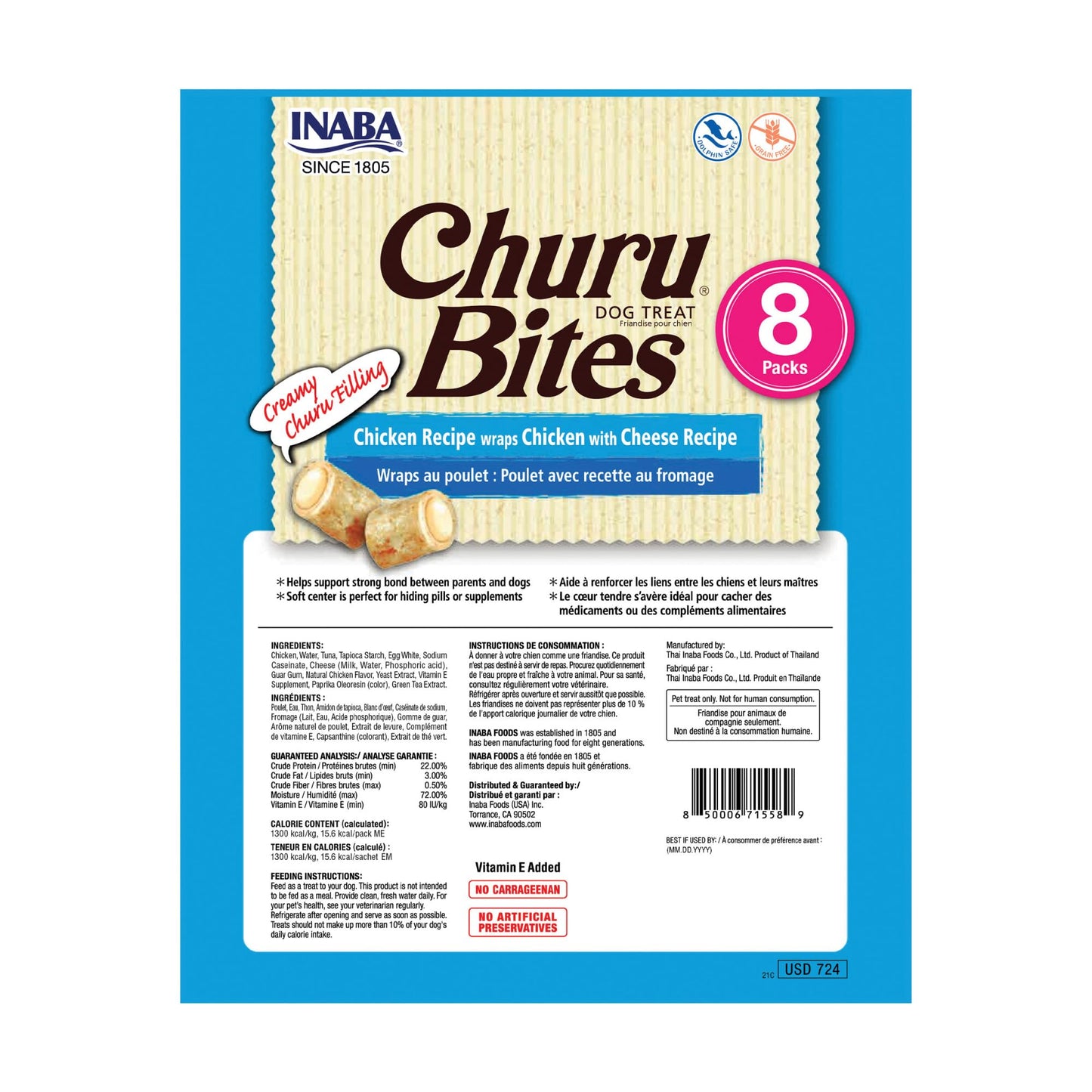 INABA Churu Bites for Dogs, Grain-Free, Soft/Chewy Baked Chicken Wrapped Churu Filled Dog Treats, 0.42 Ounces Each Tube | 48 Tubes Total (8 Tubes per Pack), Chicken with Cheese Recipe