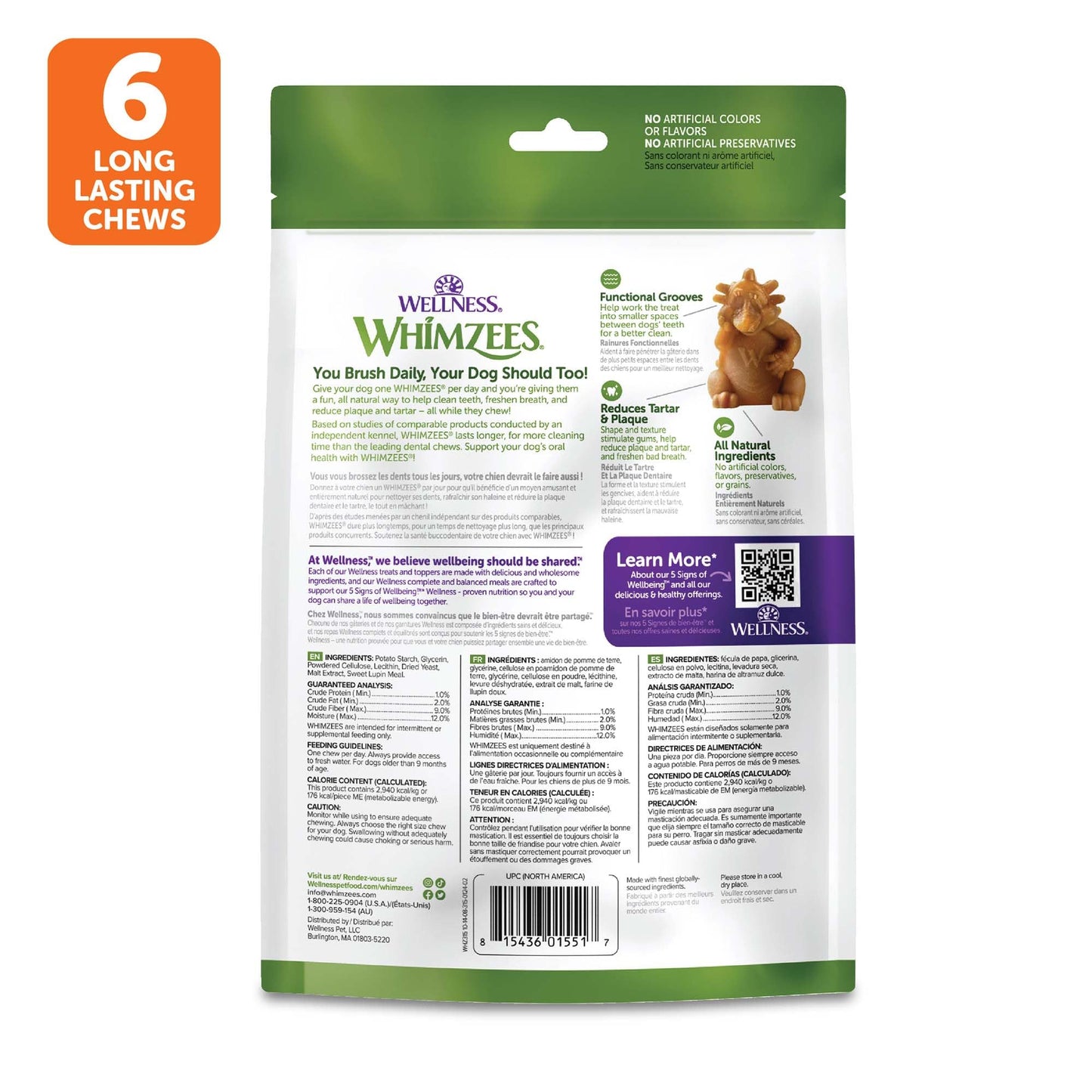 Wellness WHIMZEES Hedgehog Dog Dental Treats, Natural Chews, Large Size, (6 Count)