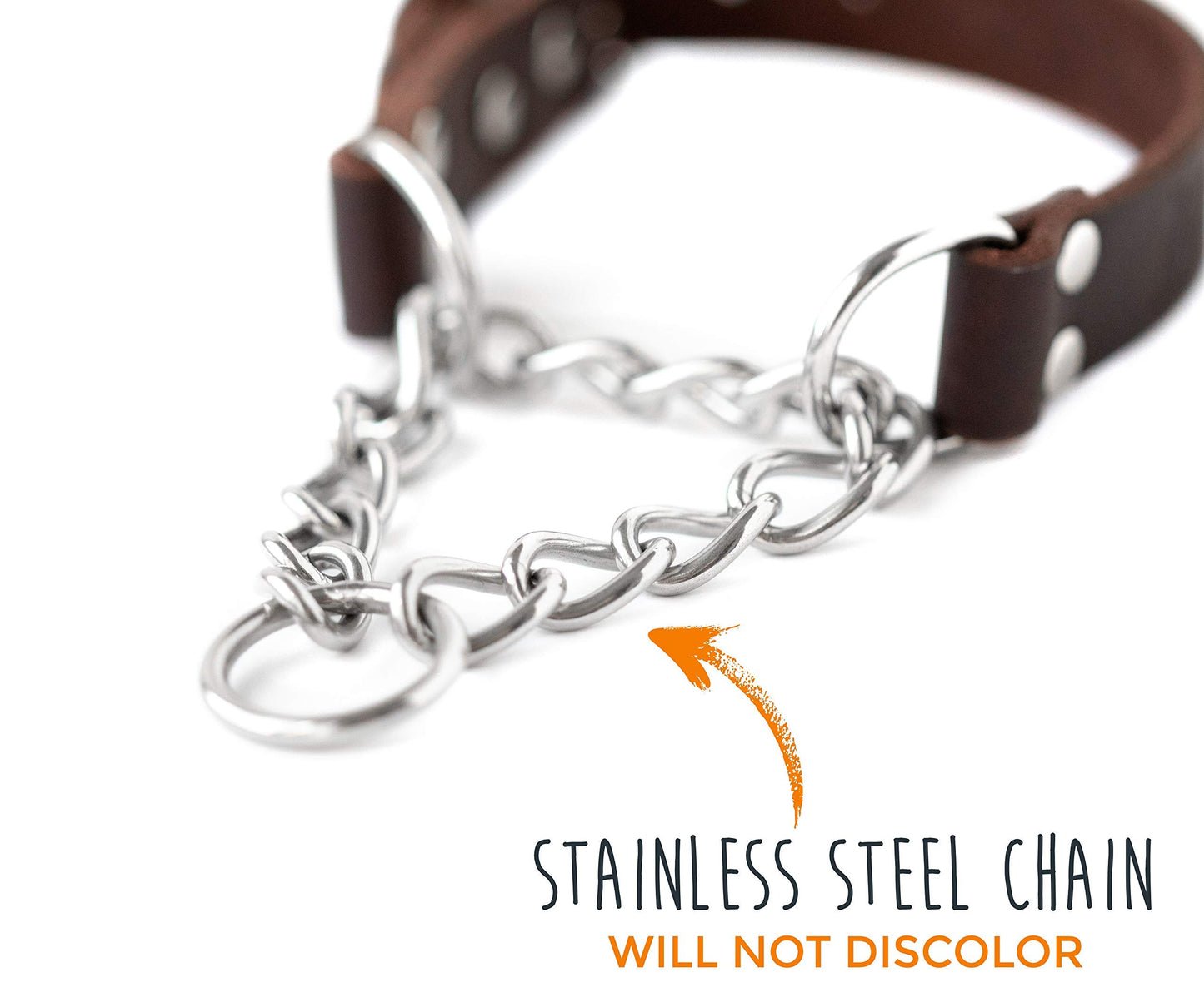 Mighty Paw Martingale Dog Collar - No Pull Design - Stainless Steel Chain - Limited Chain Cinch Training - Brown Leather Martingale Training Collar - Small Size