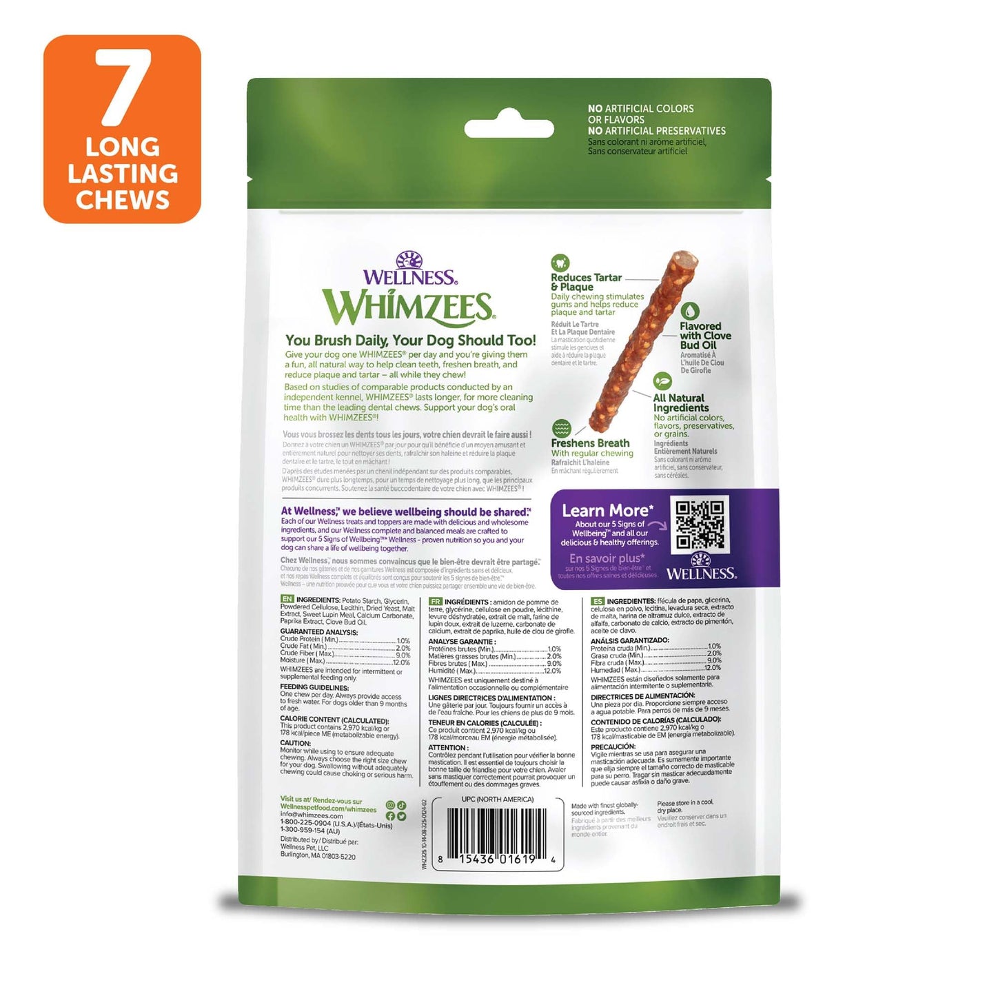 Wellness WHIMZEES Veggie Sausage Dog Dental Treats, Natural Chews, Large Size Stick, (7 Count)