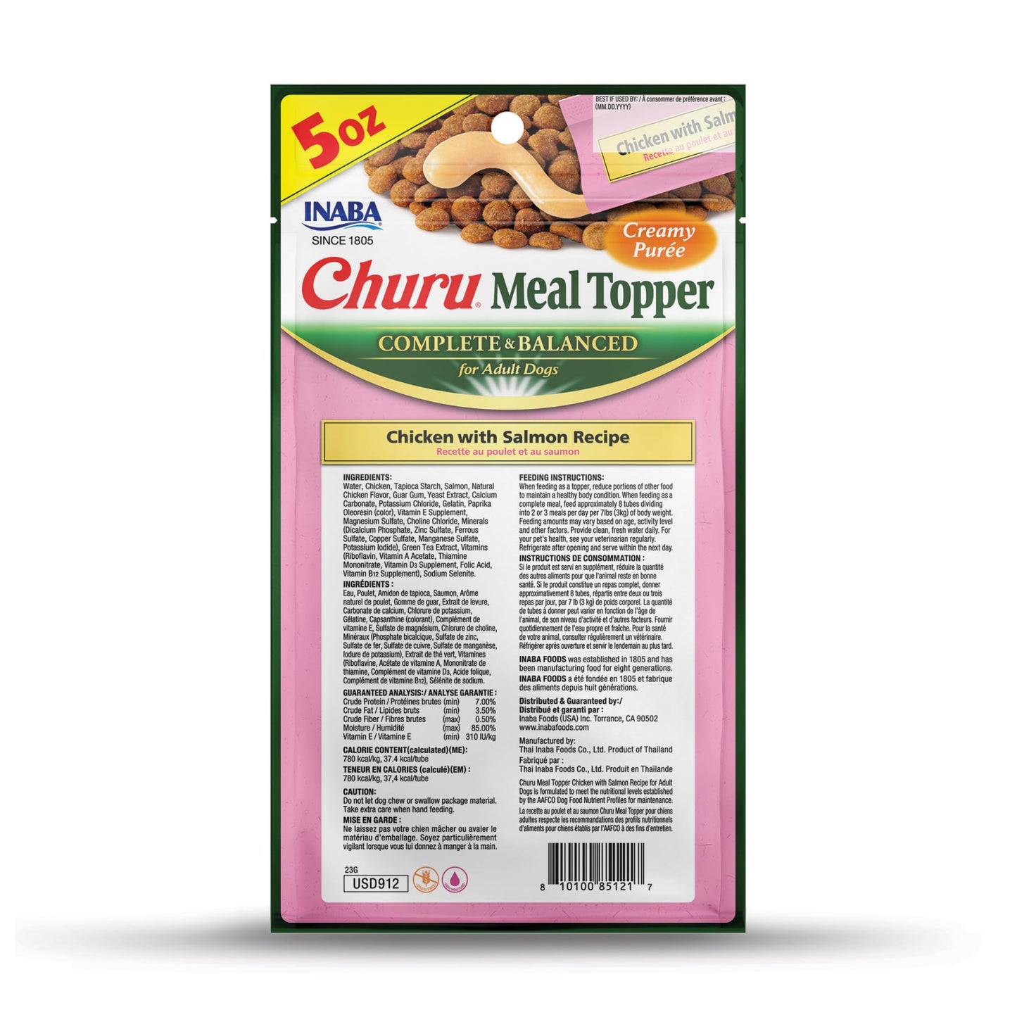 INABA Churu Meal Topper for Dogs, Complete & Balanced, Creamy, Lickable Purée Dog Food Toppers, 1.69 Ounce Tube, 18 Tubes (3 per Pack), Chicken with Salmon Recipe