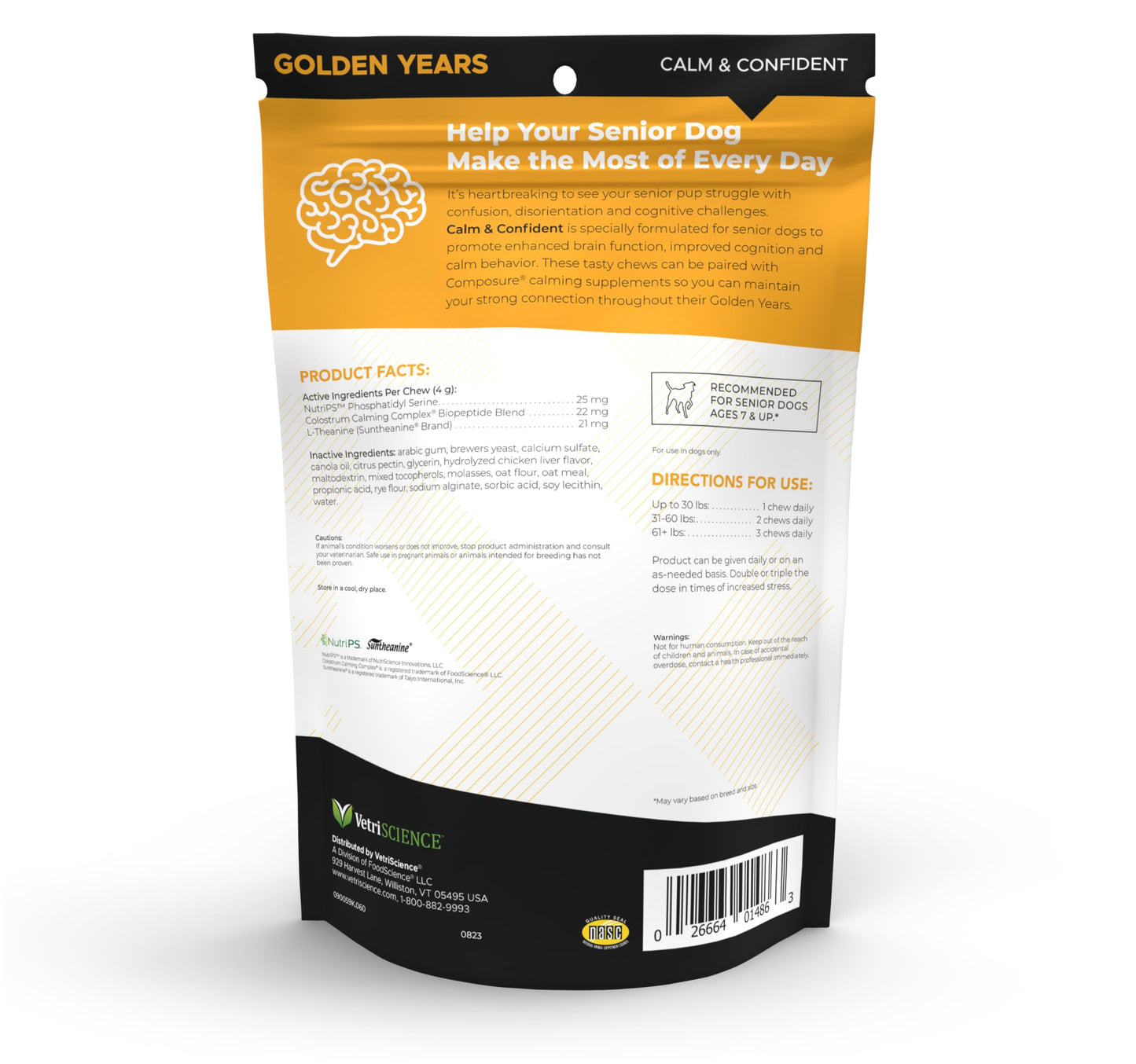 VetriScience Senior Calm & Confident Soft Chews with Colostrum and L-Theanine, Golden Years Calming, Cognition and Brain Health, Sundowners Supplement for Senior Dogs, Chicken, 60 Count