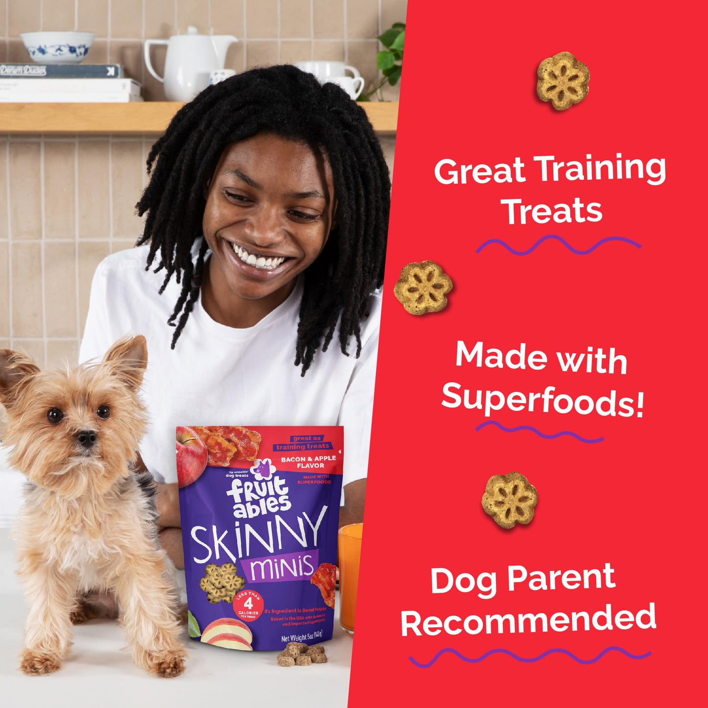 Fruitables Skinny Mini Dog Treats, Healthy Sweet Potato Treat for Dogs, Low Calorie & Delicious, Puppy Training, Free of Wheat, Corn and Soy, Made in the USA, Bacon and Apple Flavor, 5oz