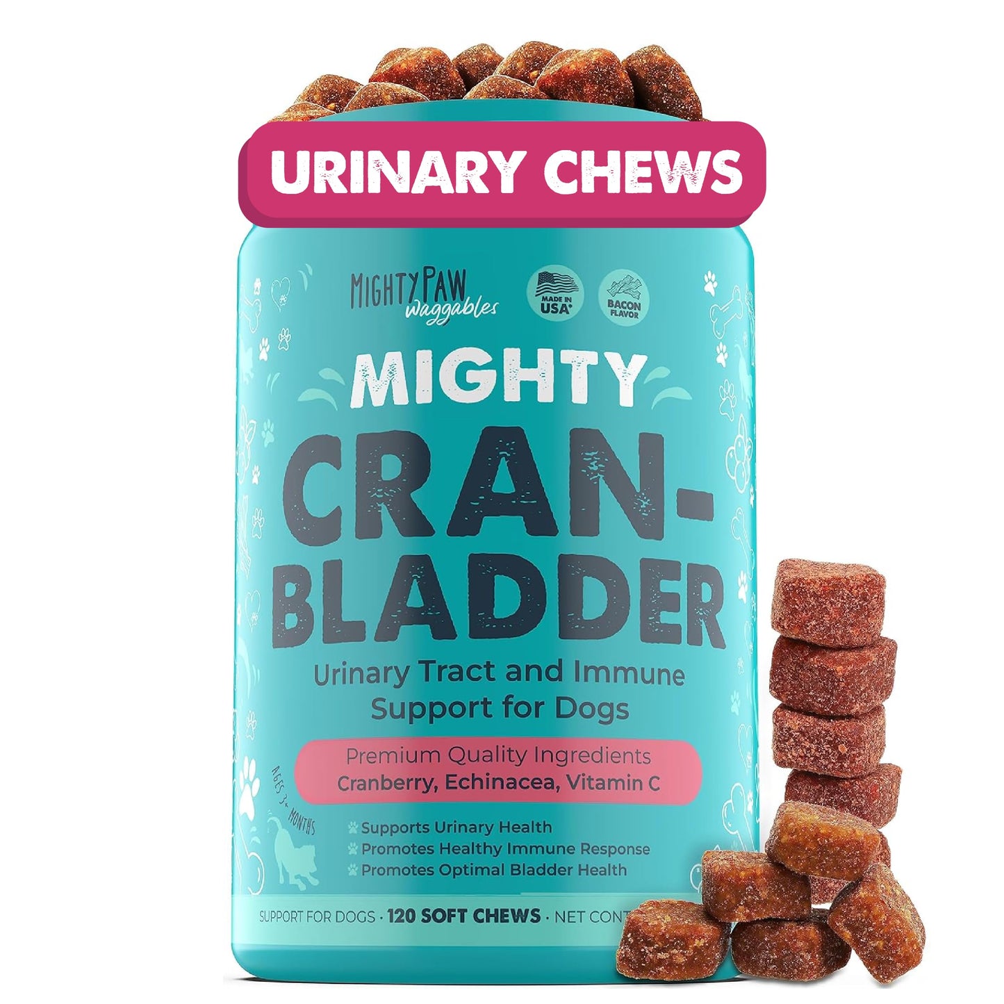 Mighty Paw Waggables Cran-Bladder (Made in The USA) | Vet Formulated Cranberry Supplement for Dogs – Cranberry Chews for Dogs, Urinary Tract & Bladder Support, Bacon Flavored, 120 Soft Chews