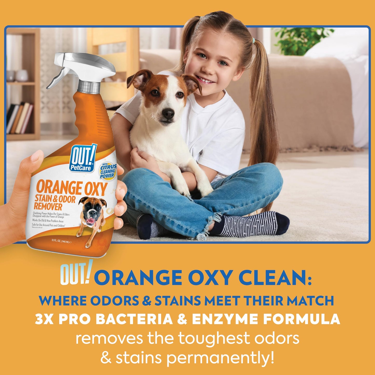 OUT! PetCare Complete Oxy Stain Remover, Oxy Orange Spray, Pet Stain and Odor Eliminator, Carpet Cleaner, Dog Urine Remover and Pet Odor Neutralizer, Upholstery Cleaner, 32 fl oz