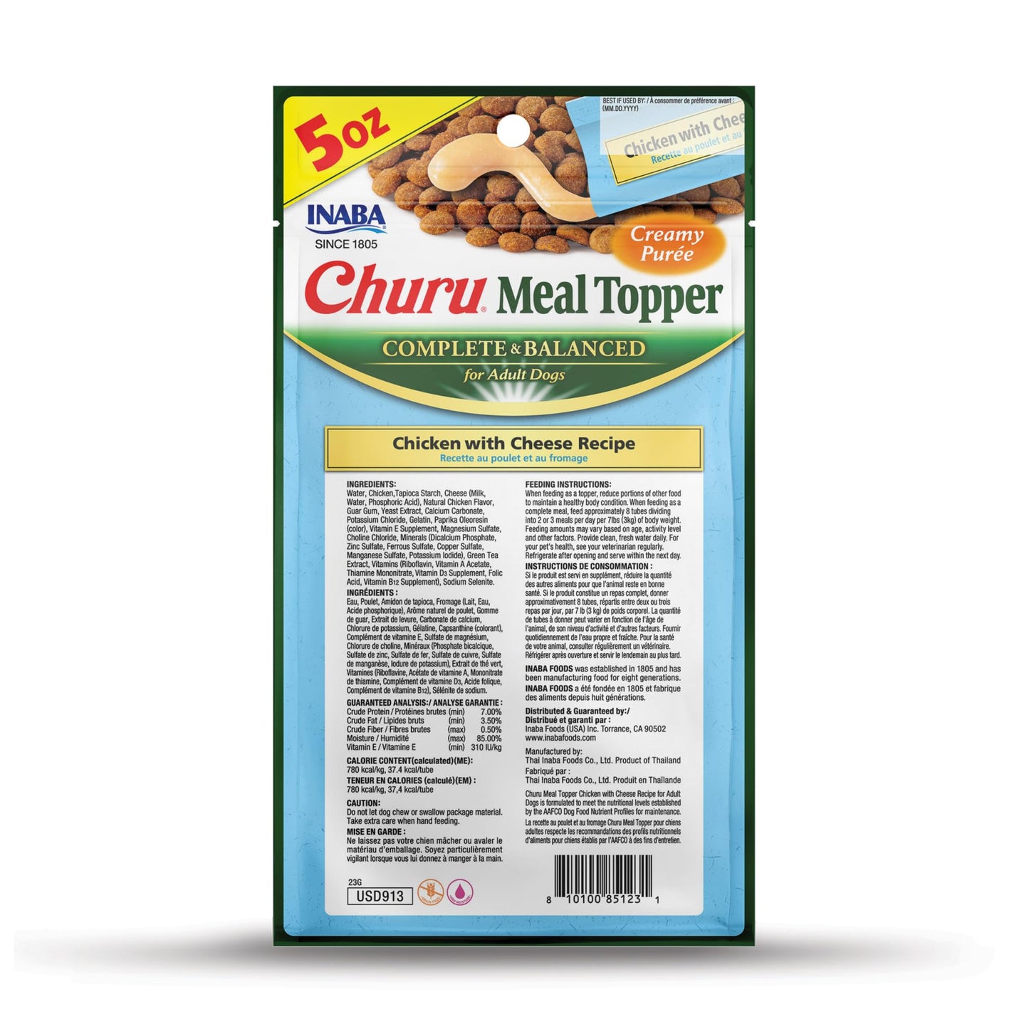 INABA Churu Meal Topper for Dogs, Complete & Balanced, Creamy, Lickable Purée Dog Food Toppers, 1.69 Ounce Tube, 18 Tubes (3 per Pack), Chicken with Cheese Recipe