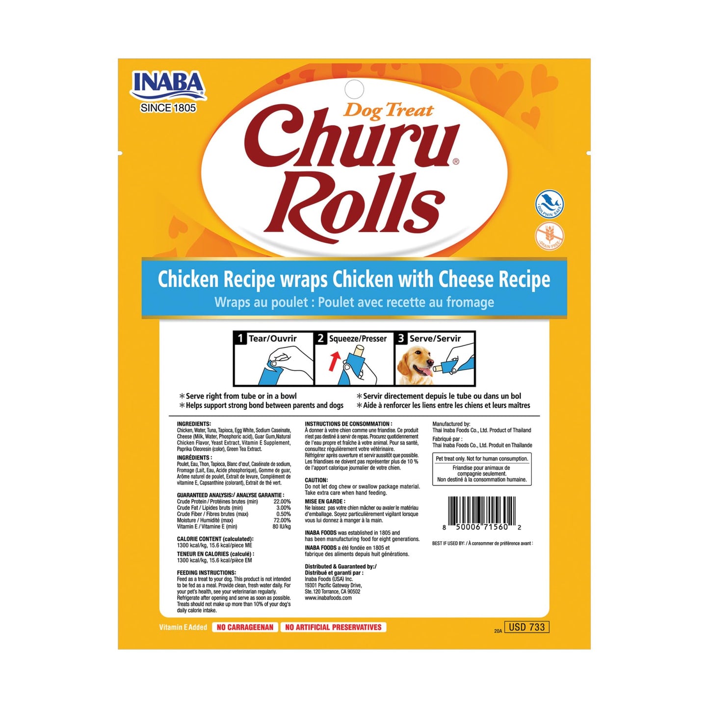 INABA Churu Rolls for Dogs, Grain-Free, Soft/Chewy Baked Chicken Wrapped Churu Filled Dog Treats, 0.42 Ounces Each Stick| 48 Stick Treats Total (8 Sticks per Pack), Chicken with Cheese Recipe