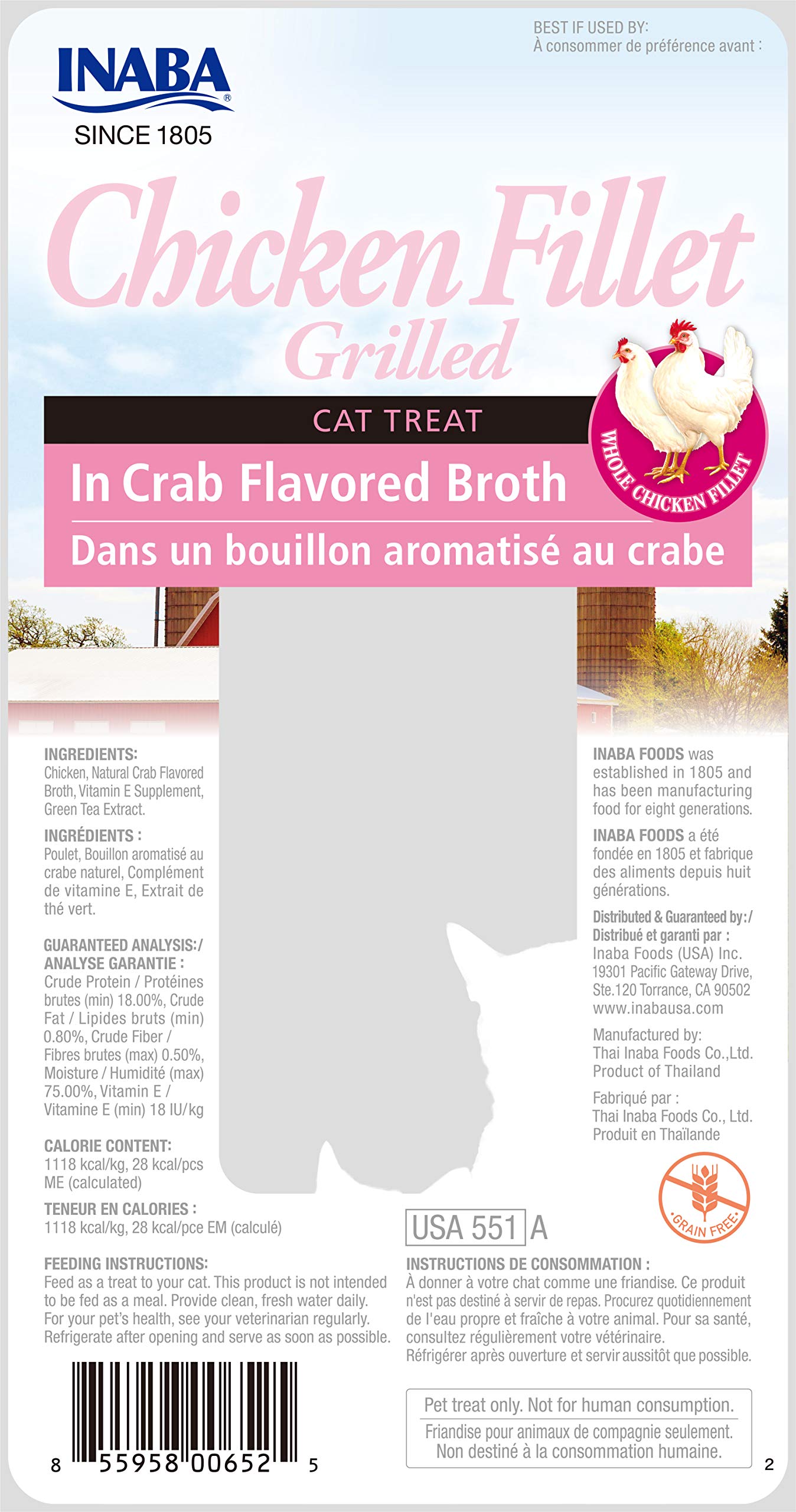 INABA Premium Hand-Cut Grilled Chicken Fillet Cat Treats/Topper with Vitamin E and Green Tea Extract, 0.9 Ounces Each, Pack of 6, Crab Broth