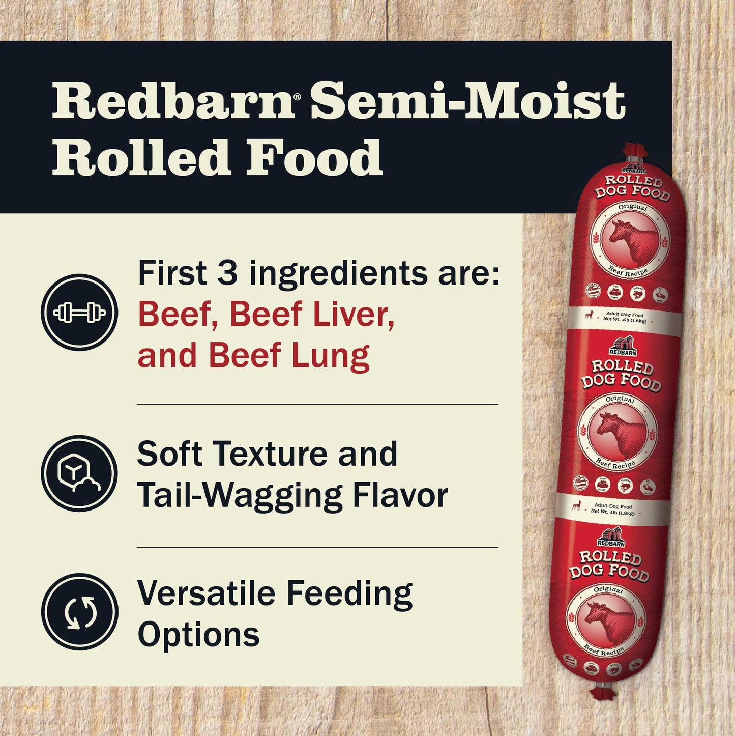 Redbarn Pet Products All-Natural Premium Rolled Dog Food, Beef Recipe - Soft Semi-Moist Wet Formula for High Protein Diet, Training Rewards, & Treat Pill Concealer - 4 lb, 1 Count