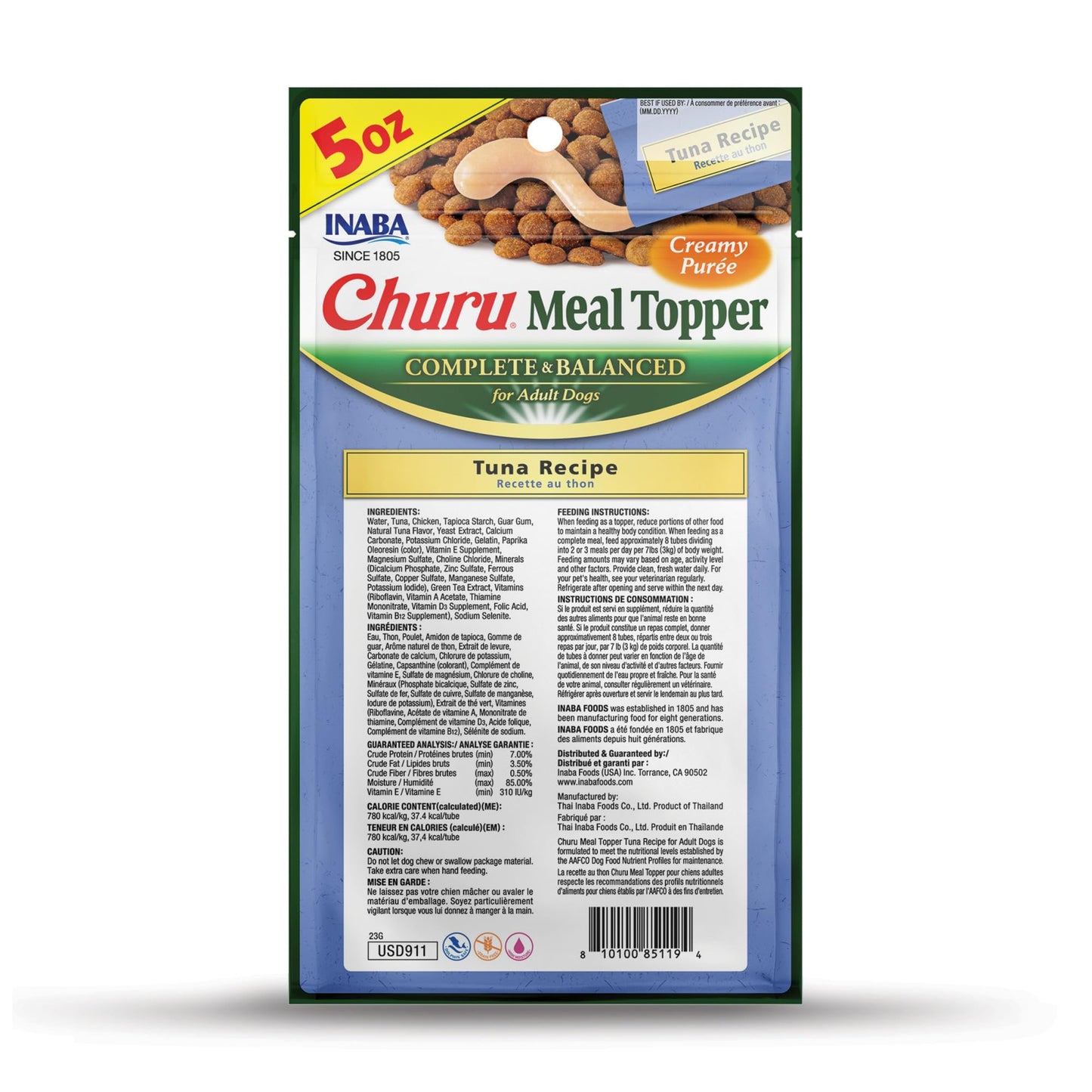 INABA Churu Meal Topper for Dogs, Complete & Balanced, Creamy, Lickable Purée Dog Food Toppers, 1.69 Ounce Tube, 18 Tubes (3 per Pack), Tuna Recipe