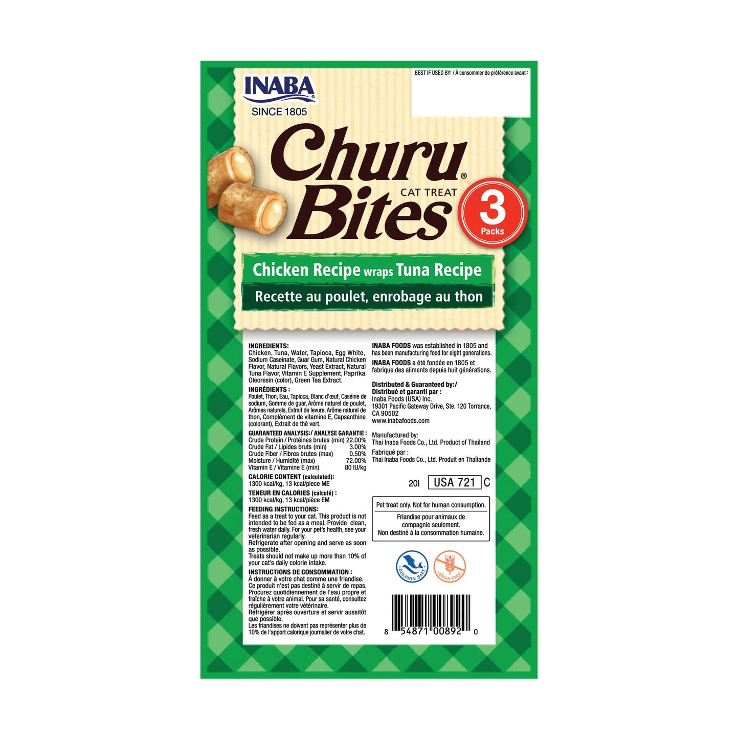 INABA Churu Bites for Cats, Soft/Chewy Baked Chicken Wrapped Churu Filled Cat Treats with Vitamin E, 0.35 Ounces per Tube, 18 Tubes Total (3 Tubes per Pack), Tuna Recipe