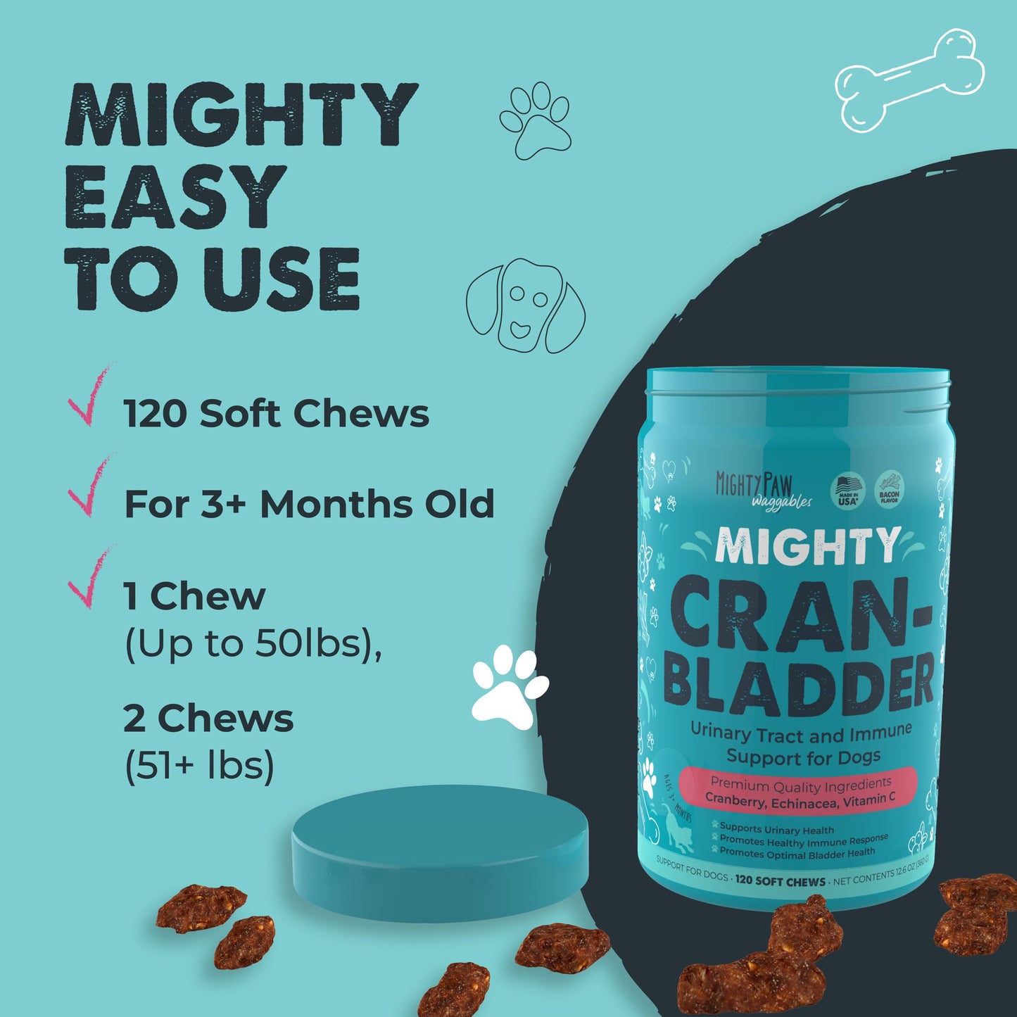 Mighty Paw Waggables Cran-Bladder (Made in The USA) | Vet Formulated Cranberry Supplement for Dogs – Cranberry Chews for Dogs, Urinary Tract & Bladder Support, Bacon Flavored, 120 Soft Chews