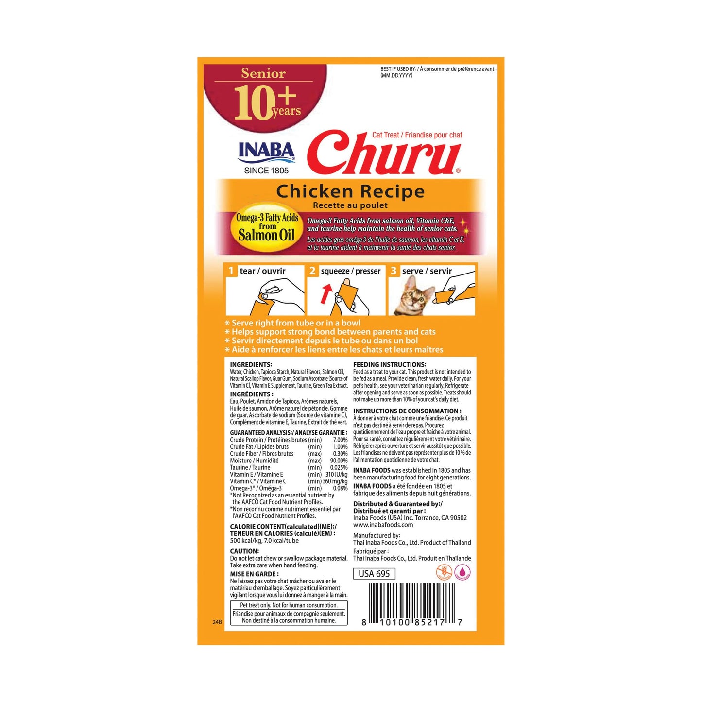 INABA Churu for Senior 10+, Creamy Lickable Cat Treats with Taurine, Vitamin E & C, 0.5 Ounces Each, 24 Tubes (4 per Pack), Chicken Recipe