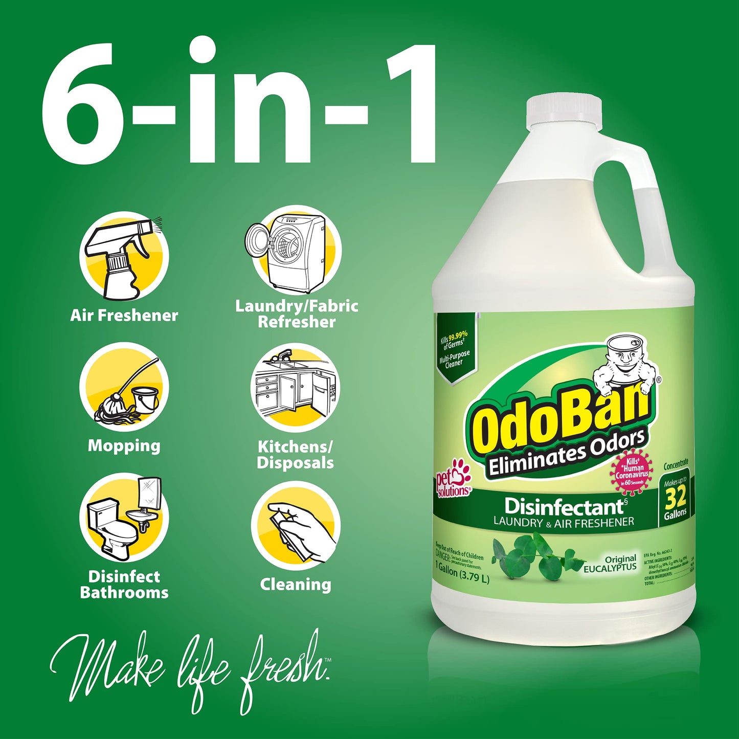 OdoBan Disinfectant Concentrate and Odor Eliminator, 1 Gallon, Original Eucalyptus Scent