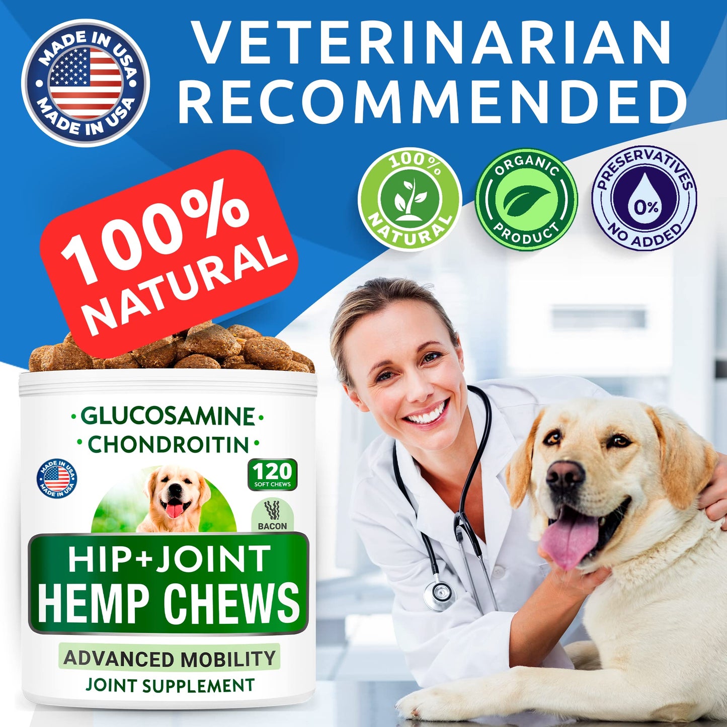 BARK&SPARK Hemp Treats + Glucosamine - Natural Joint Pain Relief - Hip & Joint Supplement w/MSM + Chondroitin + Hemp Oil + Omega 3 - Joint Pain Relief - Made in USA - Lamb Flavor - 240 Chews