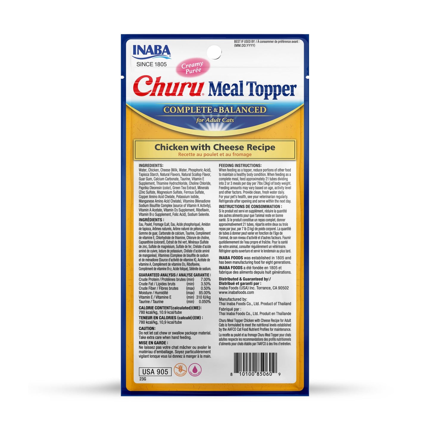 INABA Churu Meal Topper for Cats, Complete & Balanced, Creamy, Lickable Purée Cat Food Topper, 0.5 Ounce Tube, 24 Tubes (4 per Pack), Chicken with Cheese Recipe
