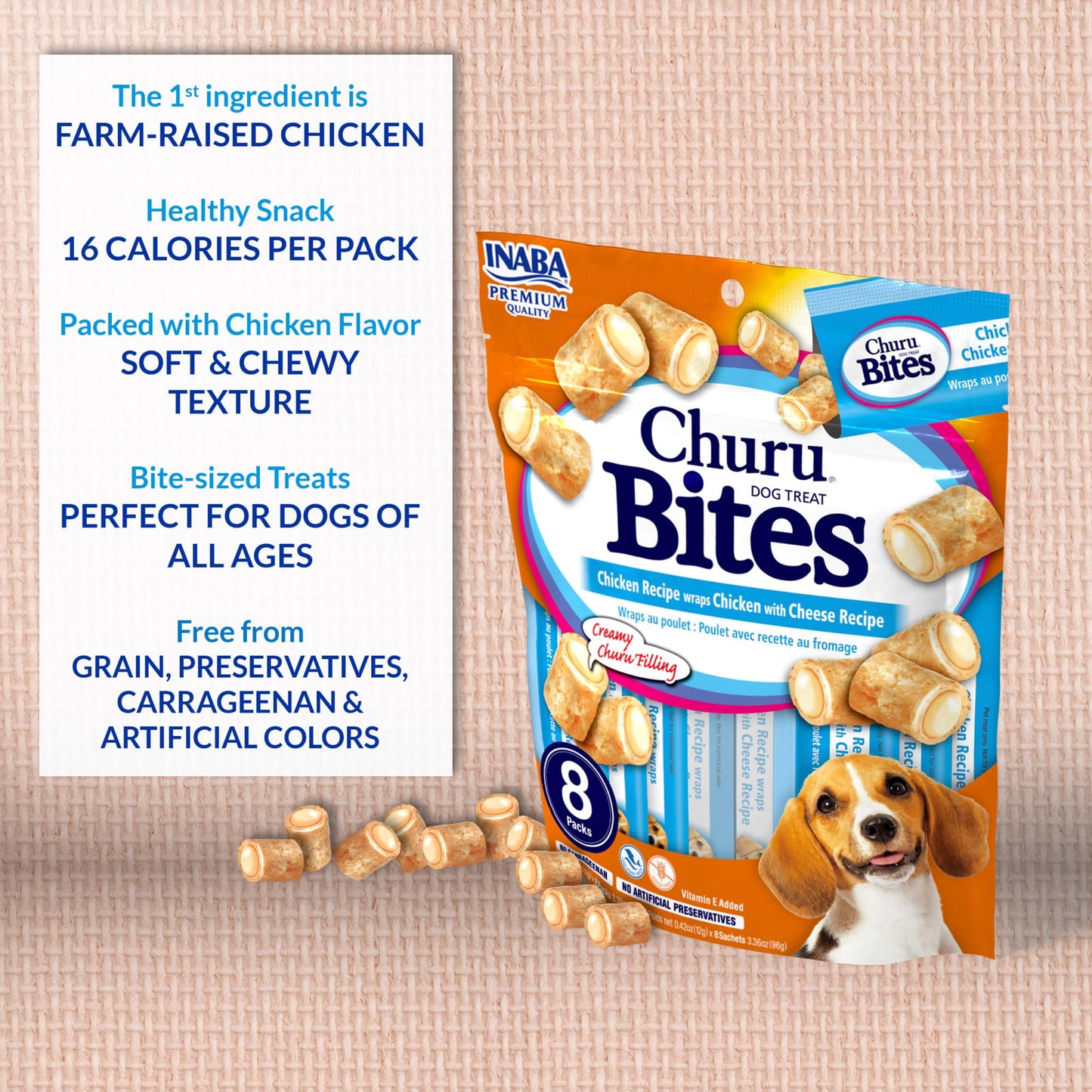 INABA Churu Bites for Dogs, Soft & Chewy Dog Treats, 0.42 Ounces Each Tube, 64 Tubes Total (8 Tubes per Pack), Chicken with Salmon Recipe