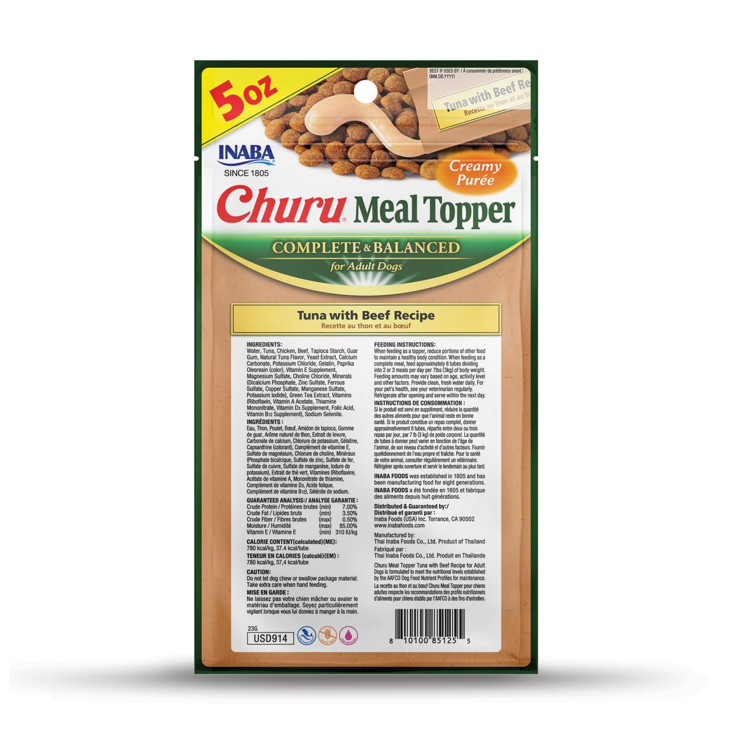 INABA Churu Meal Topper for Dogs, Complete & Balanced, Creamy, Lickable Purée Dog Food Toppers, 1.69 Ounce Tube, 18 Tubes (3 per Pack), Tuna with Beef Recipe