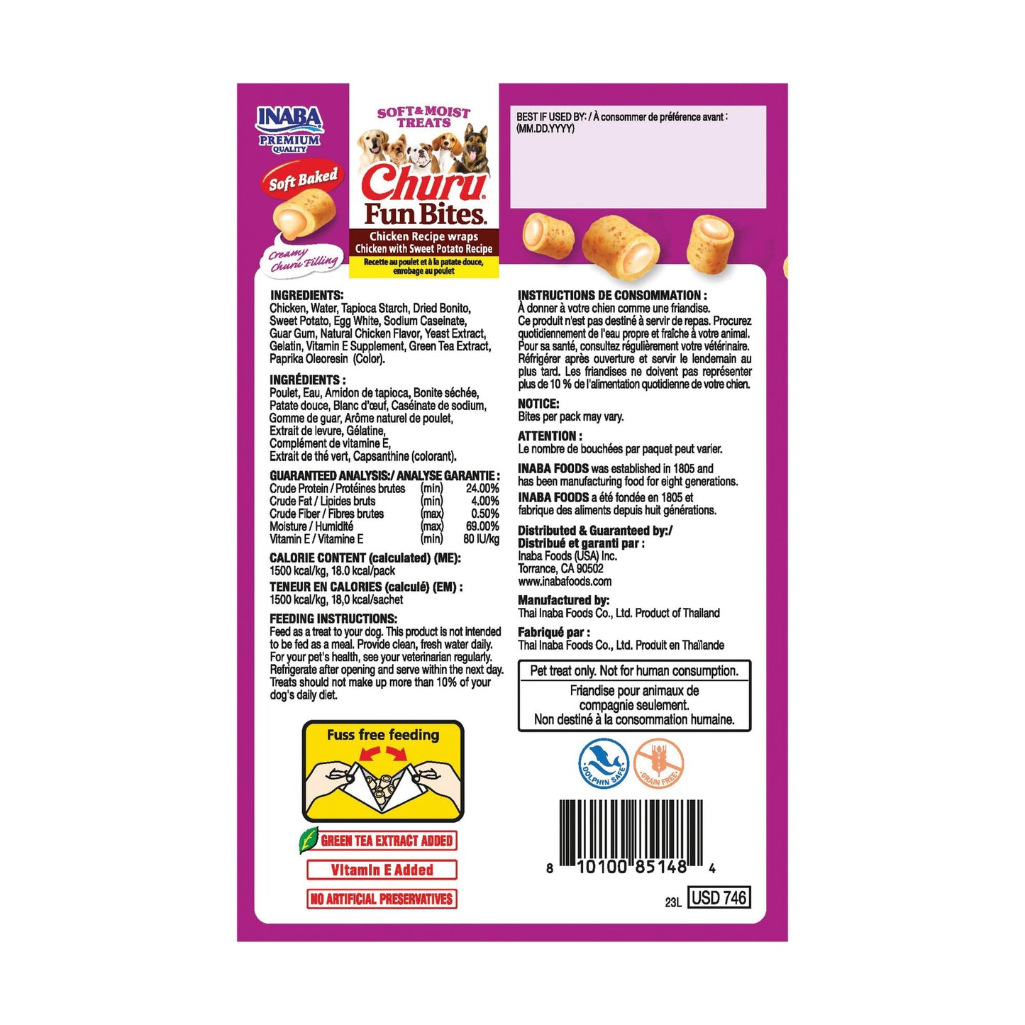 INABA Churu Fun Bites for Dogs, Soft & Chewy Baked Chicken Wrapped Filled Dog Treats with Vitamin E, 0.42 Ounces per Tetra, 8 Tetras per Box, Chicken with Sweet Potato Recipe