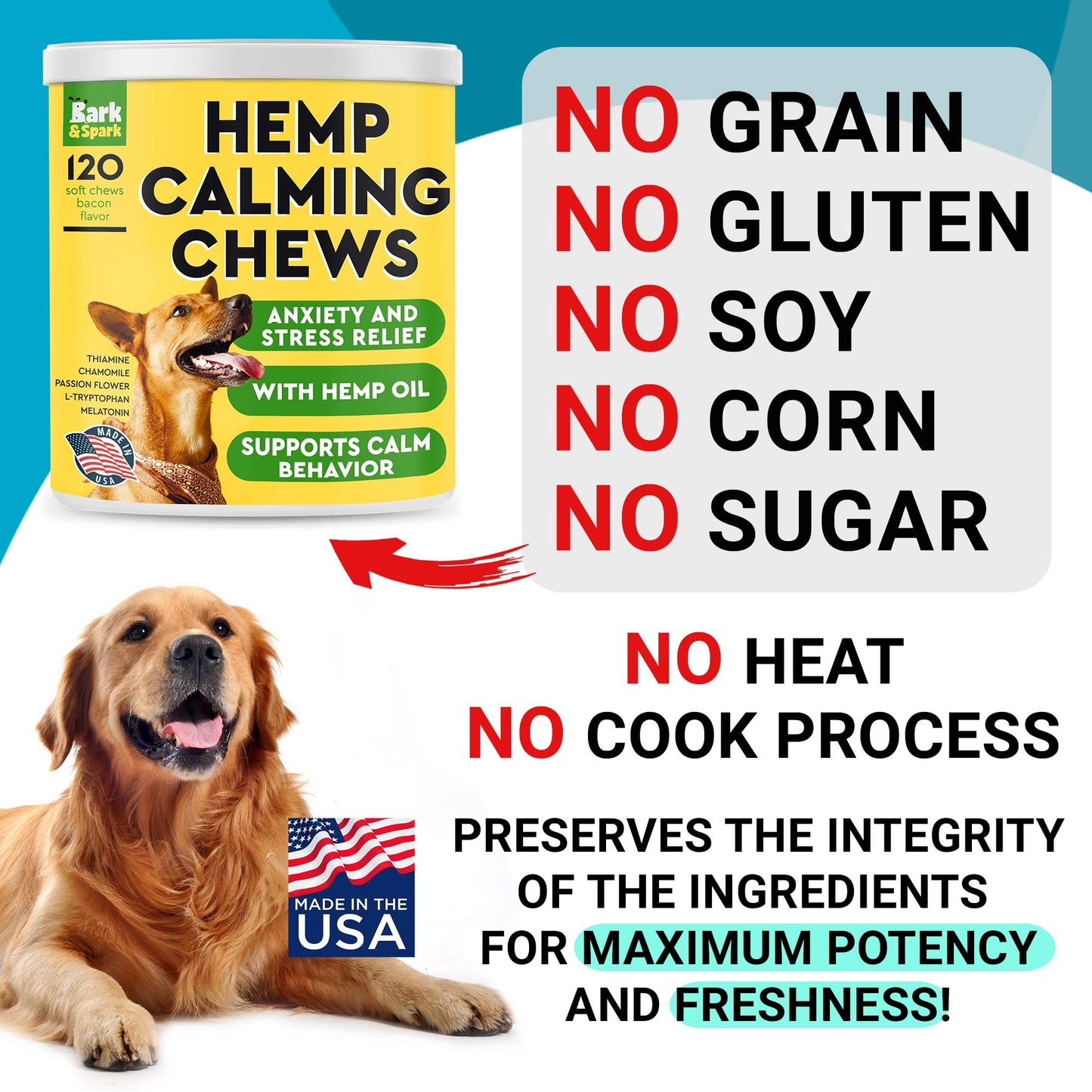 BARK&SPARK Calming Hemp Treats for Dogs - Made in USA with Hemp Oil - Anxiety Relief - Separation Aid - Stress Relief During Fireworks, Storms, Thunder - Aggressive Behavior, Barking - 240 Soft Chews