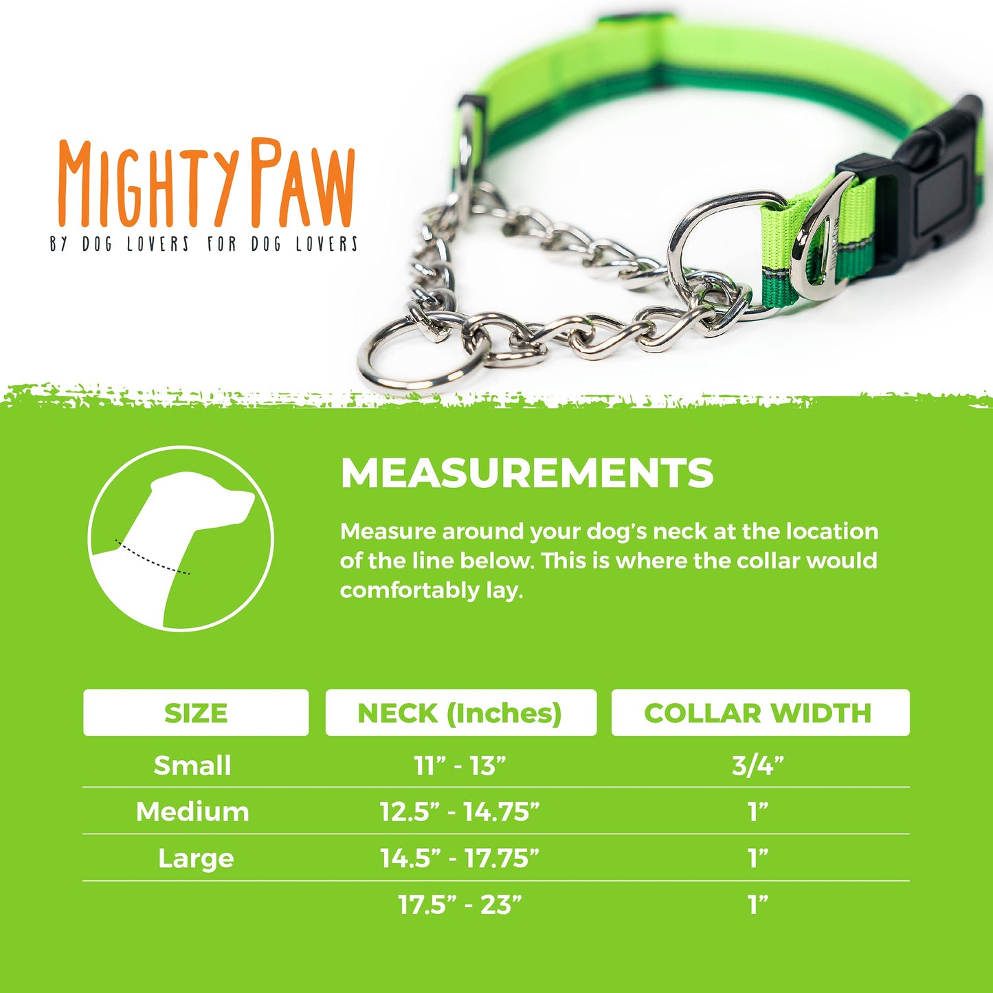 Mighty Paw Martingale Dog Collar 2.0 | Trainer Approved Limited Slip Collar with Stainless Steel Chain & Heavy Duty Buckle - Modified Cinch for Gentle & Effective Pet Training - S/M, Green