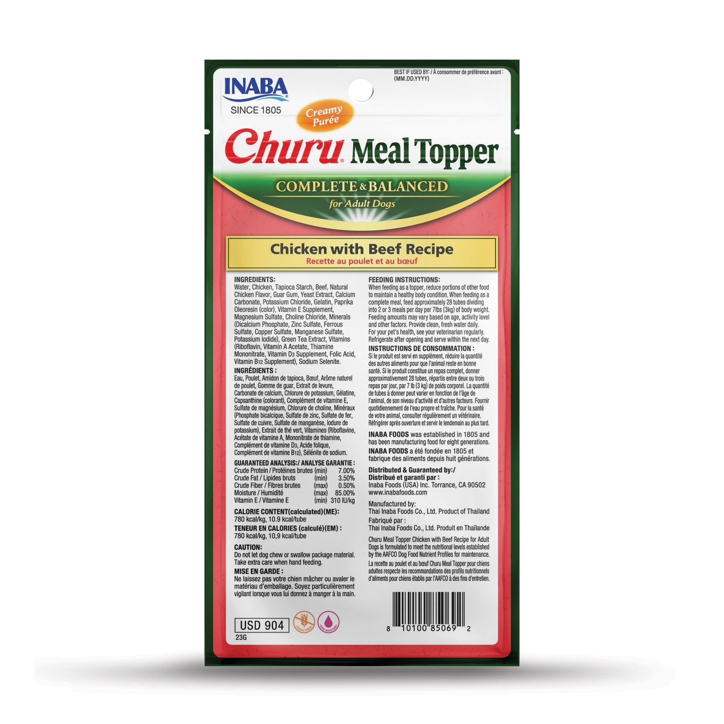 INABA Churu Meal Topper for Dogs, Complete & Balance, Creamy, Lickable Purée Dog Food Topper, 0.5 Ounce Tube, 24 Tubes (4 per Pack), Chicken with Beef Recipe