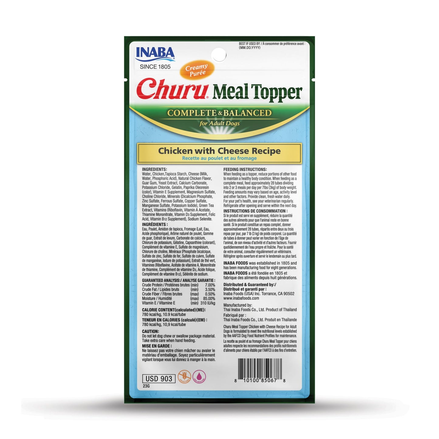 INABA Churu Meal Topper for Dogs, Complete & Balance, Creamy, Lickable Purée Dog Food Topper, 0.5 Ounce Tube, 24 Tubes (4 per Pack), Chicken with Cheese Recipe