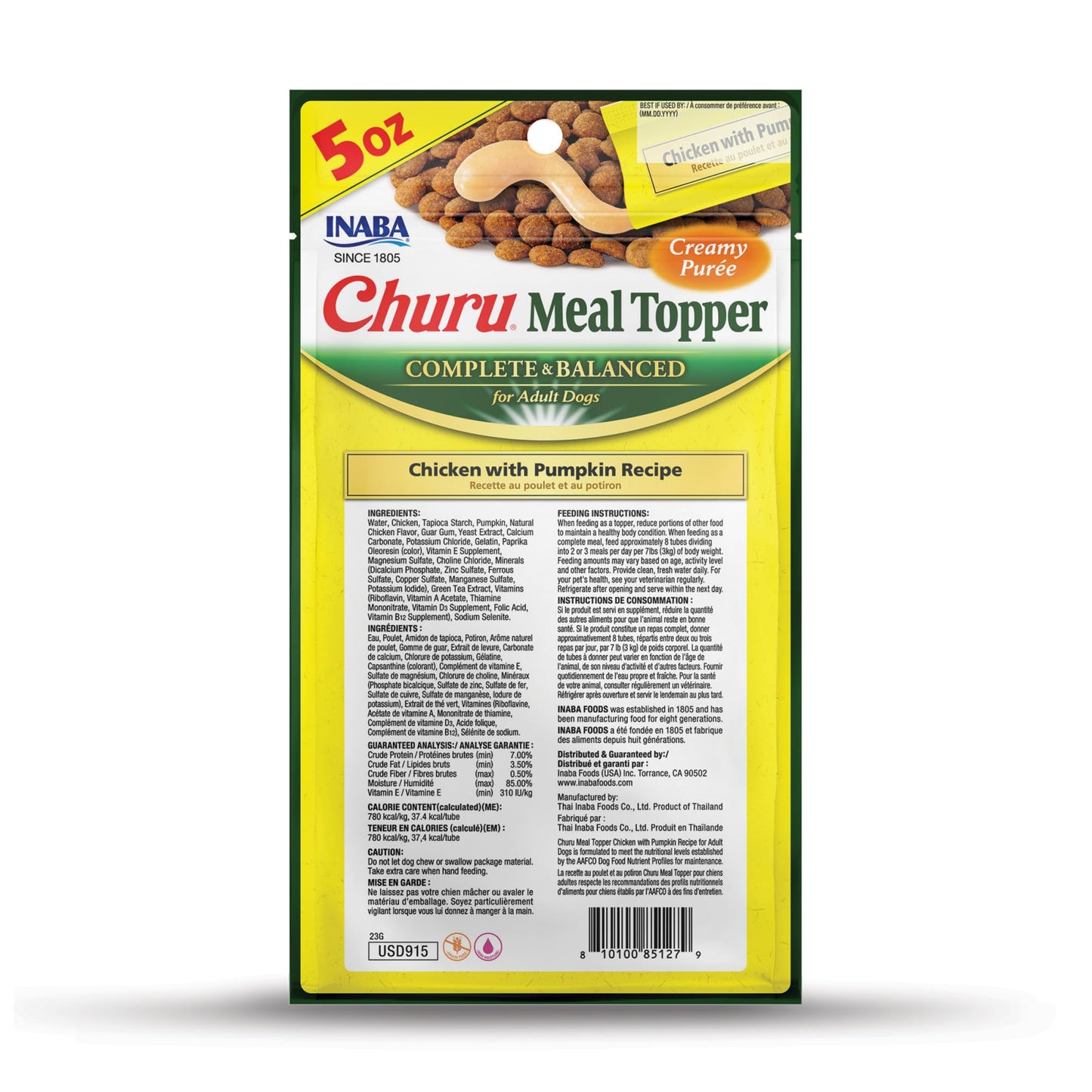 INABA Churu Meal Topper for Dogs, Complete & Balanced, Creamy, Lickable Purée Dog Food Toppers, 1.69 Ounce Tube, 18 Tubes (3 per Pack), Chicken with Pumpkin Recipe