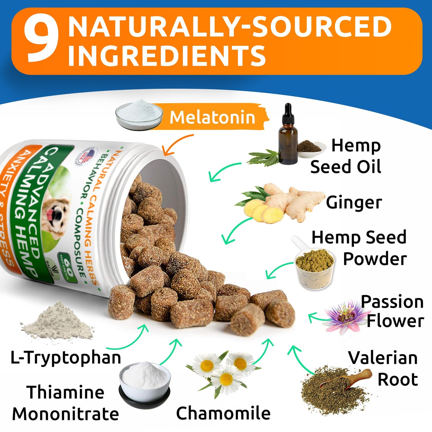 BARK&SPARK Advanced Calming Hemp Treats for Dogs - Hemp Oil + Melatonin - Anxiety Relief - Separation Aid - Stress Relief During Fireworks, Storms - Aggressive Behavior, Barking - 60Chews